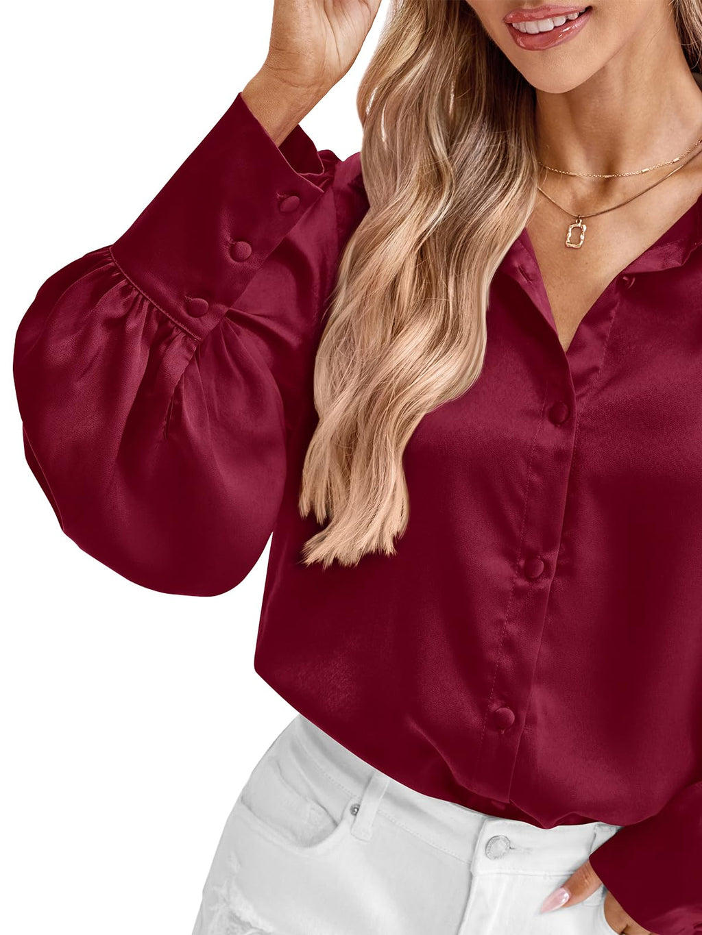 BTFBM Women Satin Blouses Summer Fall Clothes Button Down Lantern Long Sleeve Shirts Work Business Casual Dressy Tops