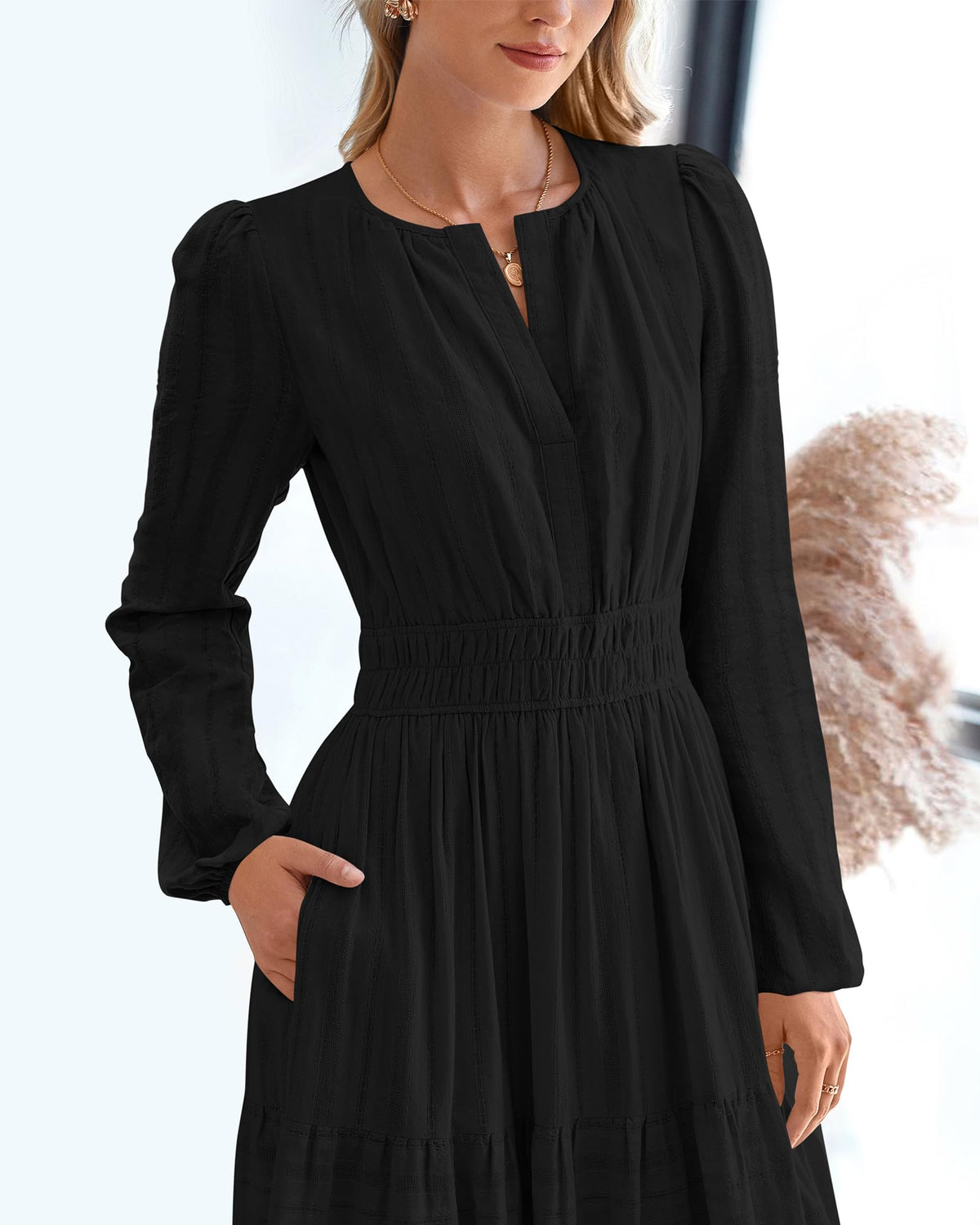 BTFBM Spring Dresses for Women 2026 Casual Long Sleeve V Neck Elastic Waist Lightweight Maxi Wedding Guest Dress Pockets