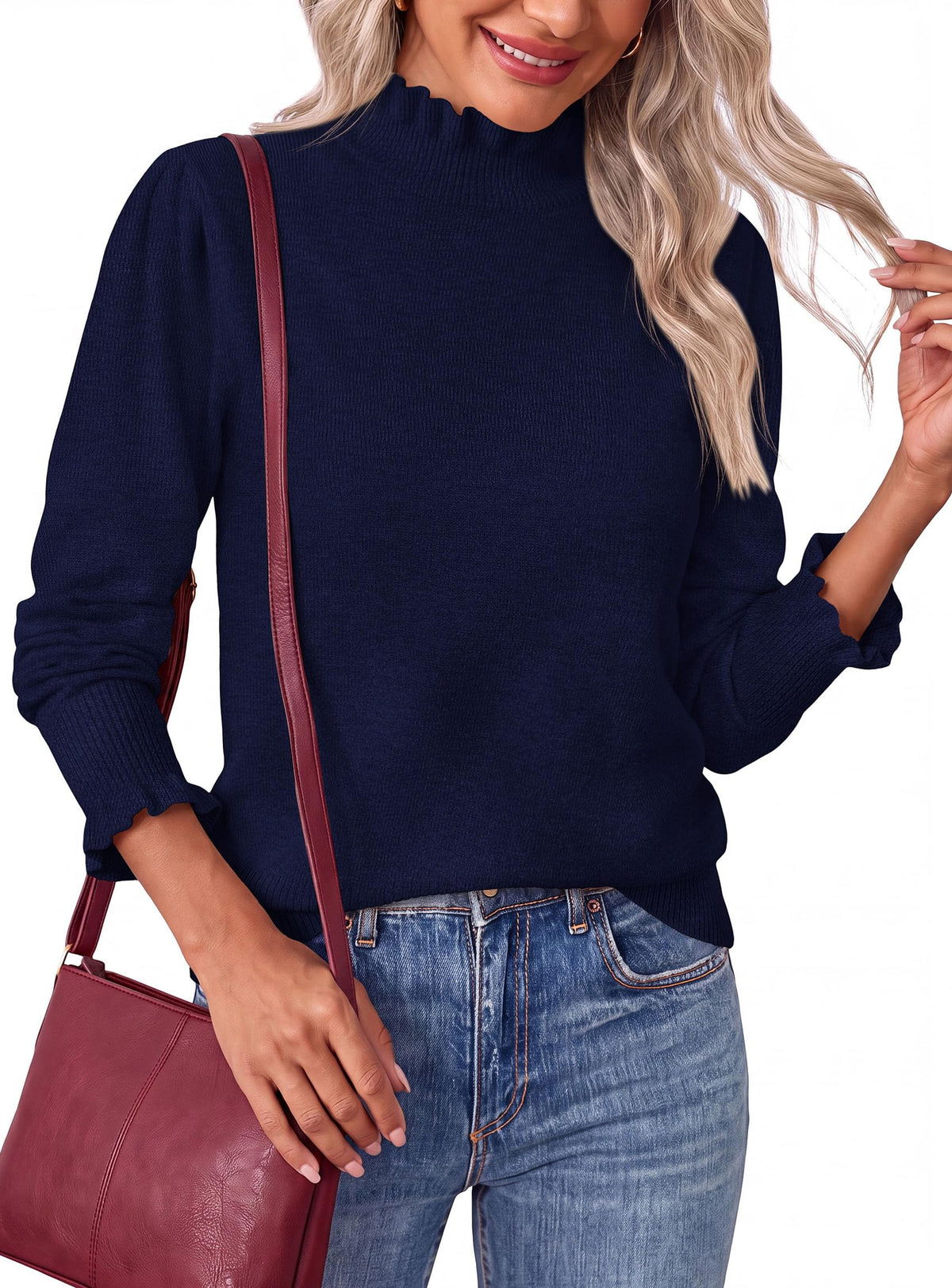 PRETTYGARDEN Women's Fall Cozy Sweaters Trendy Ruffle Mock Neck Pullover Soft Stretchy Warm, Ribbed Knit, Cute Tops, Puff Long Sleeve Blouses, Dressy Casual Shirts,Winter Clothing