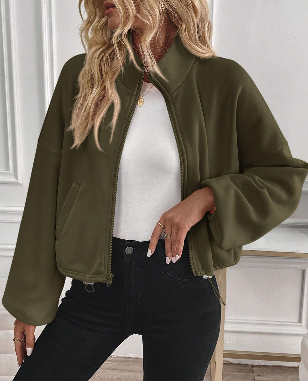 PRETTYGARDEN Womens Zip Up Fleece Cropped Sweatshirt Jacket Oversized Loose Soft Stand Collar with Drawstring Hem, Long Sleeve Casual Coat With Pockets, Fall Outfits Winter Clothing
