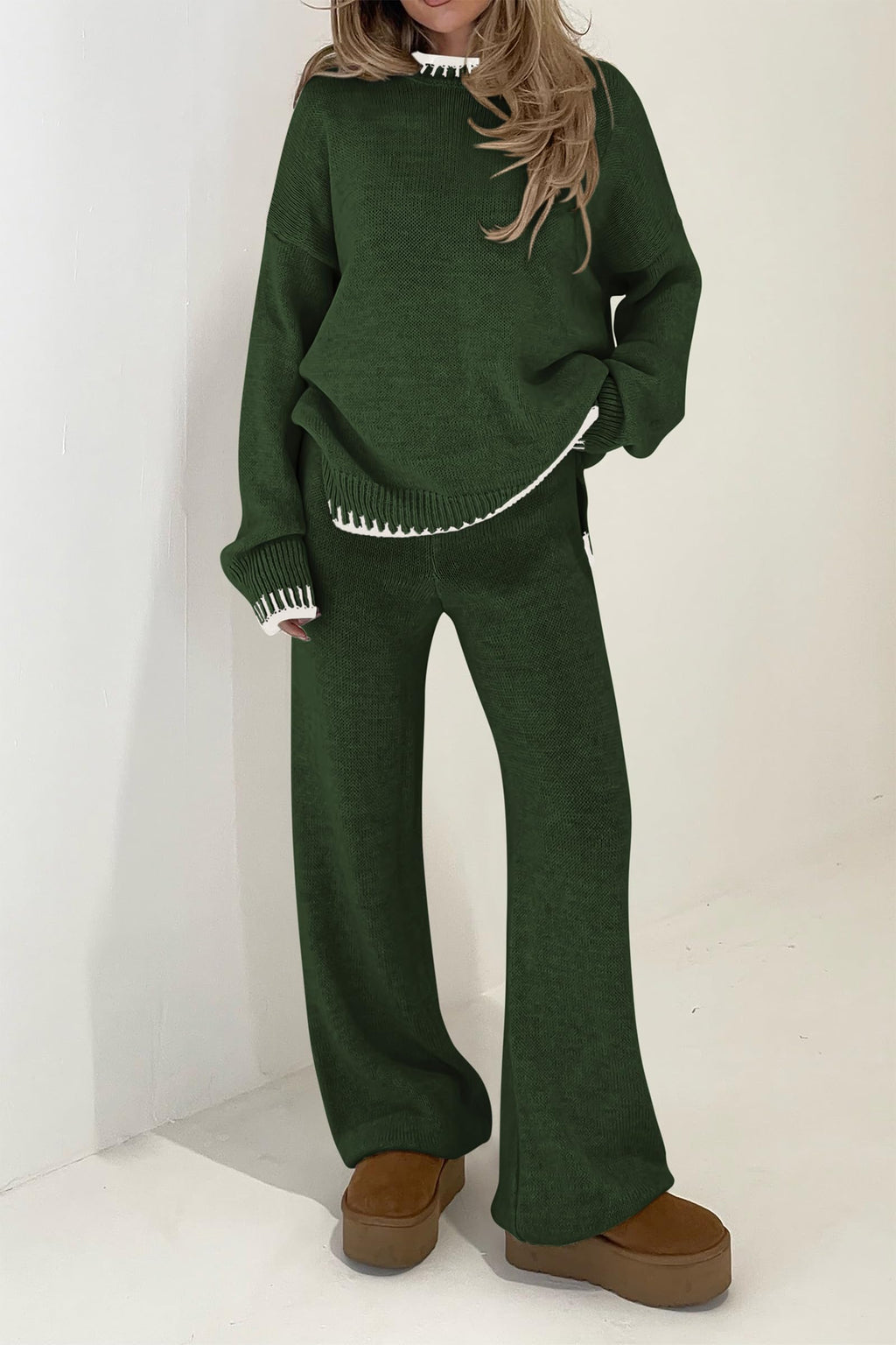 PRETTYGARDEN Women's 2 Piece Knit Sweater Outfit Casual Long Sleeve Pullover Wide Leg Pants Tracksuit Loungewear Set