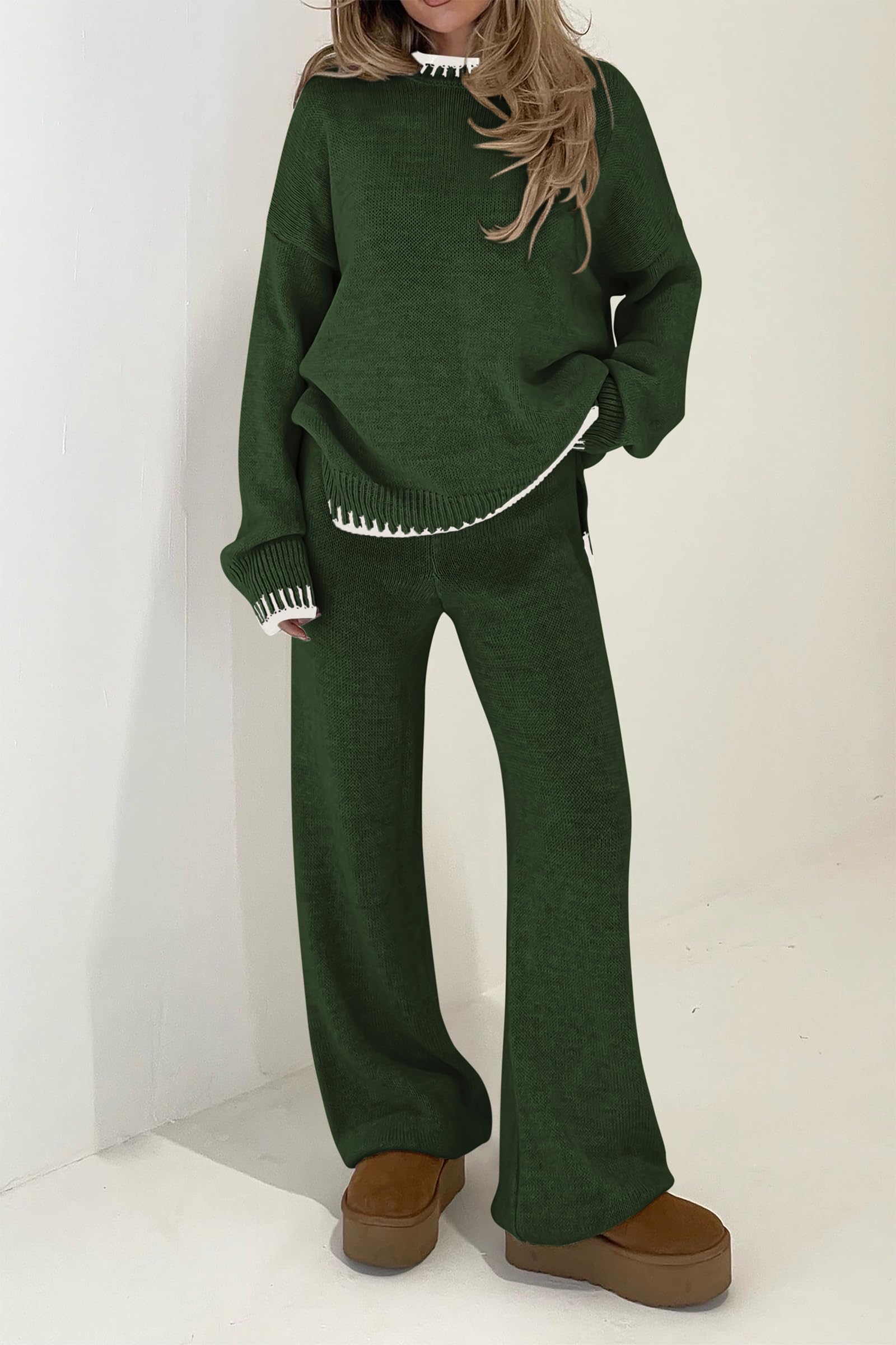 PRETTYGARDEN Women's 2 Piece Knit Sweater Outfit Casual Long Sleeve Pullover Wide Leg Pants Tracksuit Loungewear Set