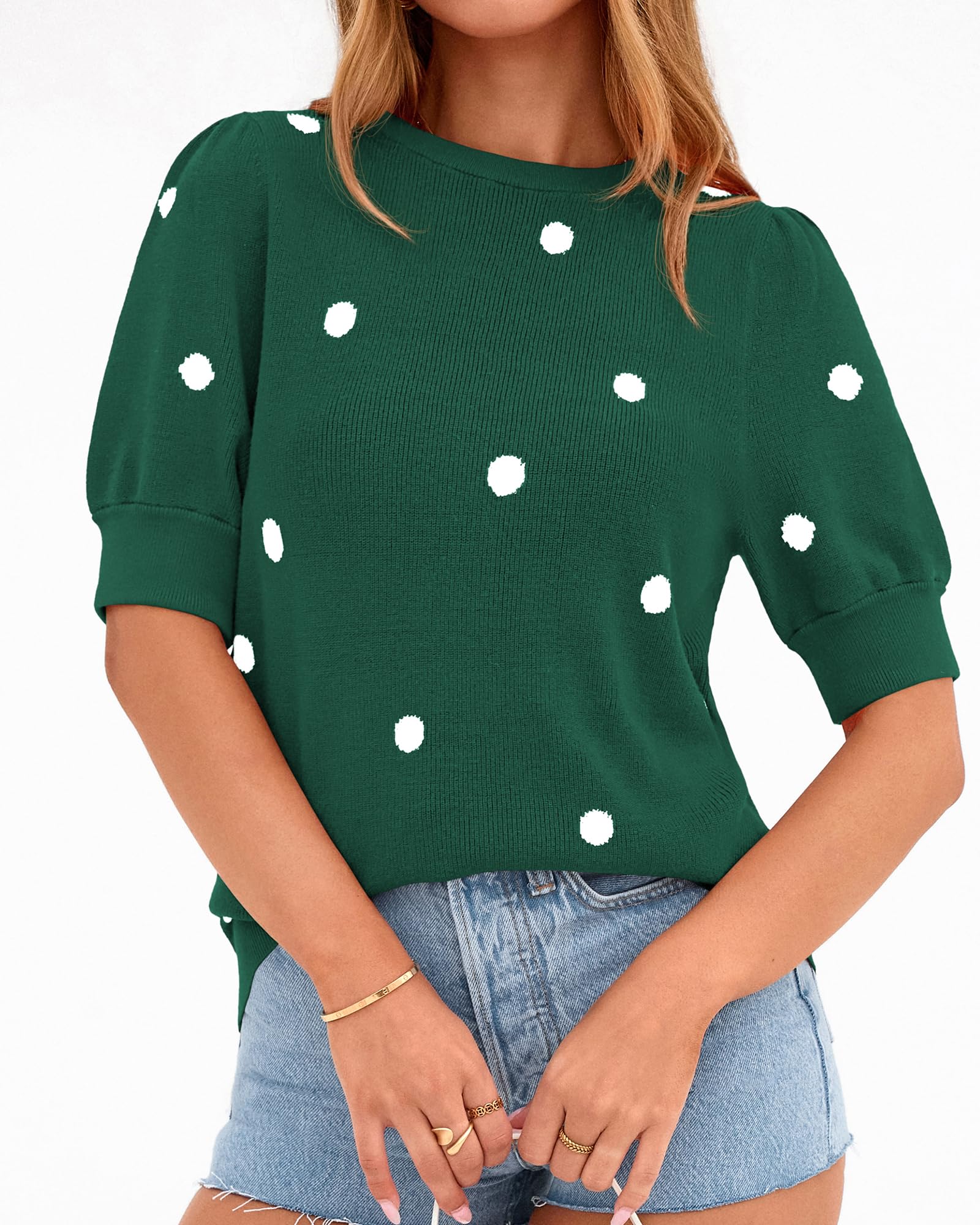 BTFBM Womens Sweaters Polka Dot Short Sleeve Sweater for Women Crew Neck Knit Summer Tops Business Dressy Casual Blouses