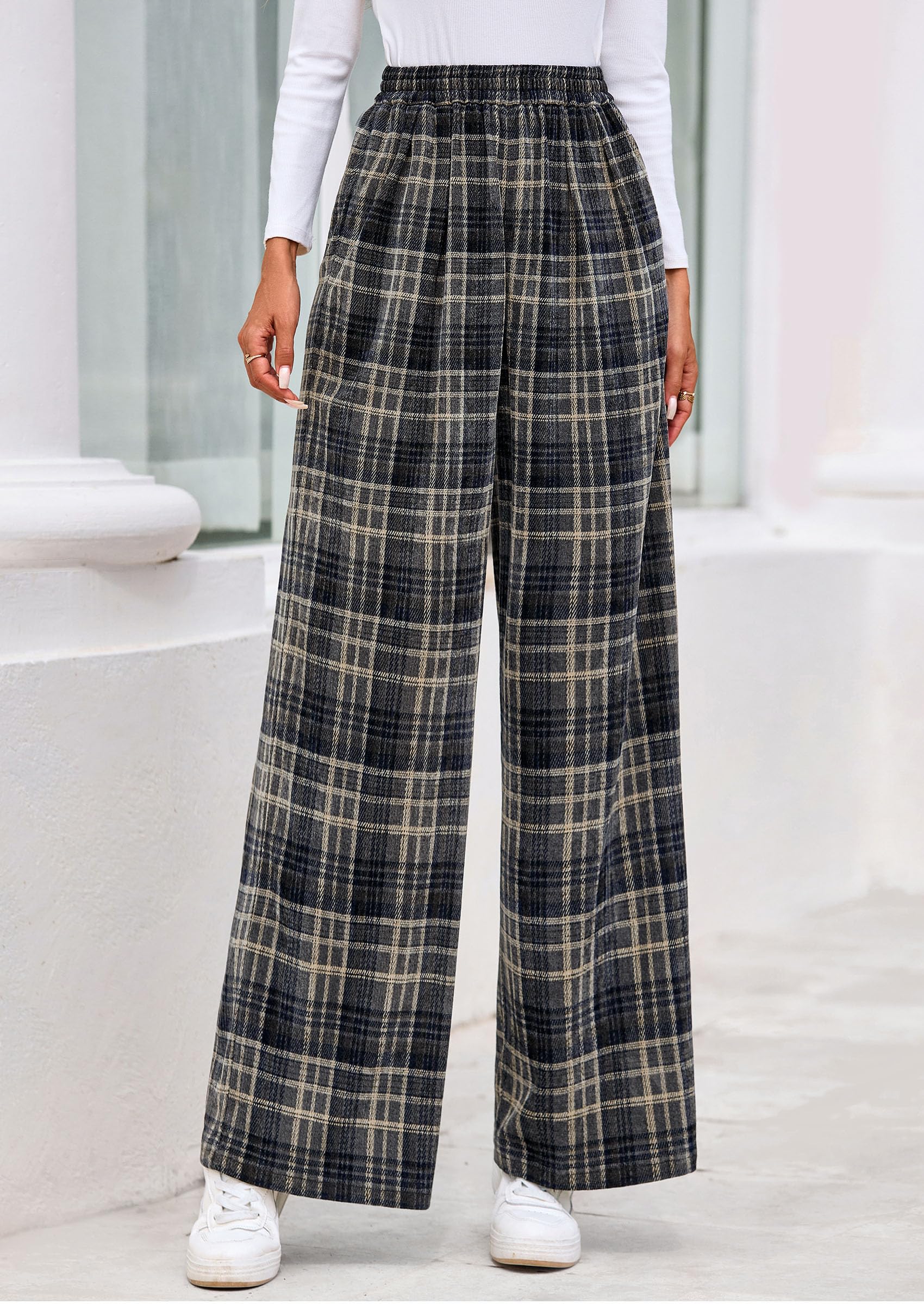 PRETTYGARDEN Casual Women's Pants Elastic Waist Palazzo Long Pajama Wide Leg Trousers Knit Fall Outfits with Pockets