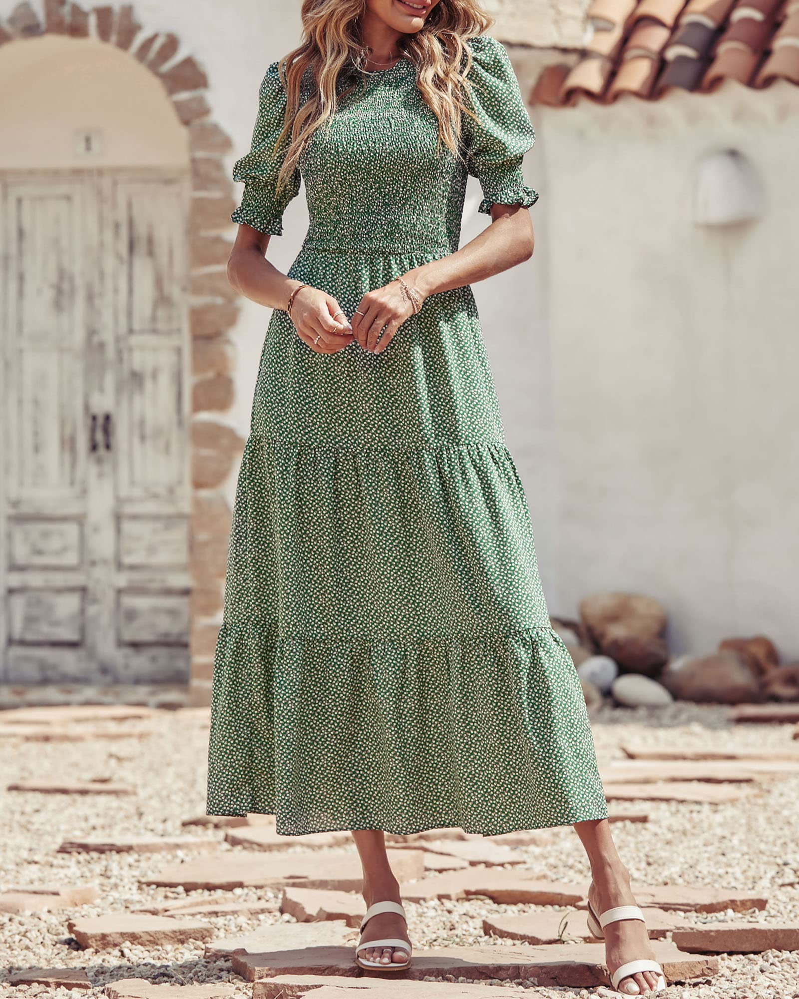 FreshPretty Women Casual Summer Dresses Spring Crew Neck Ruffle Short Sleeve Floral Print Smocked Boho Flowy Maxi Dress