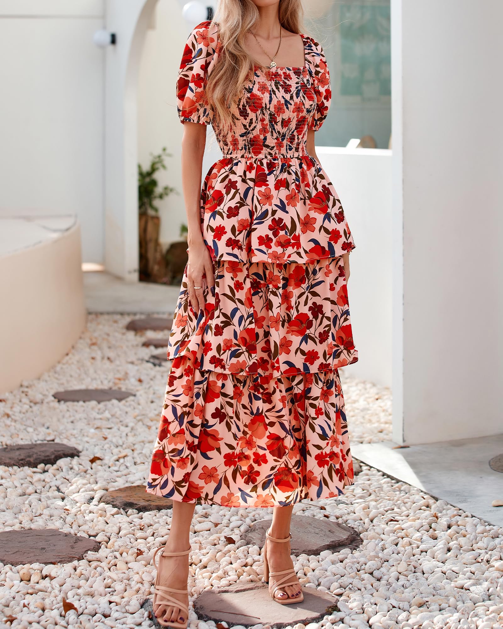 BTFBM Womens Square Neck Smocked Dress Summer Puff Short Sleeve Floral Casual Ruffle Tiered Maxi Wedding Guest Dresses