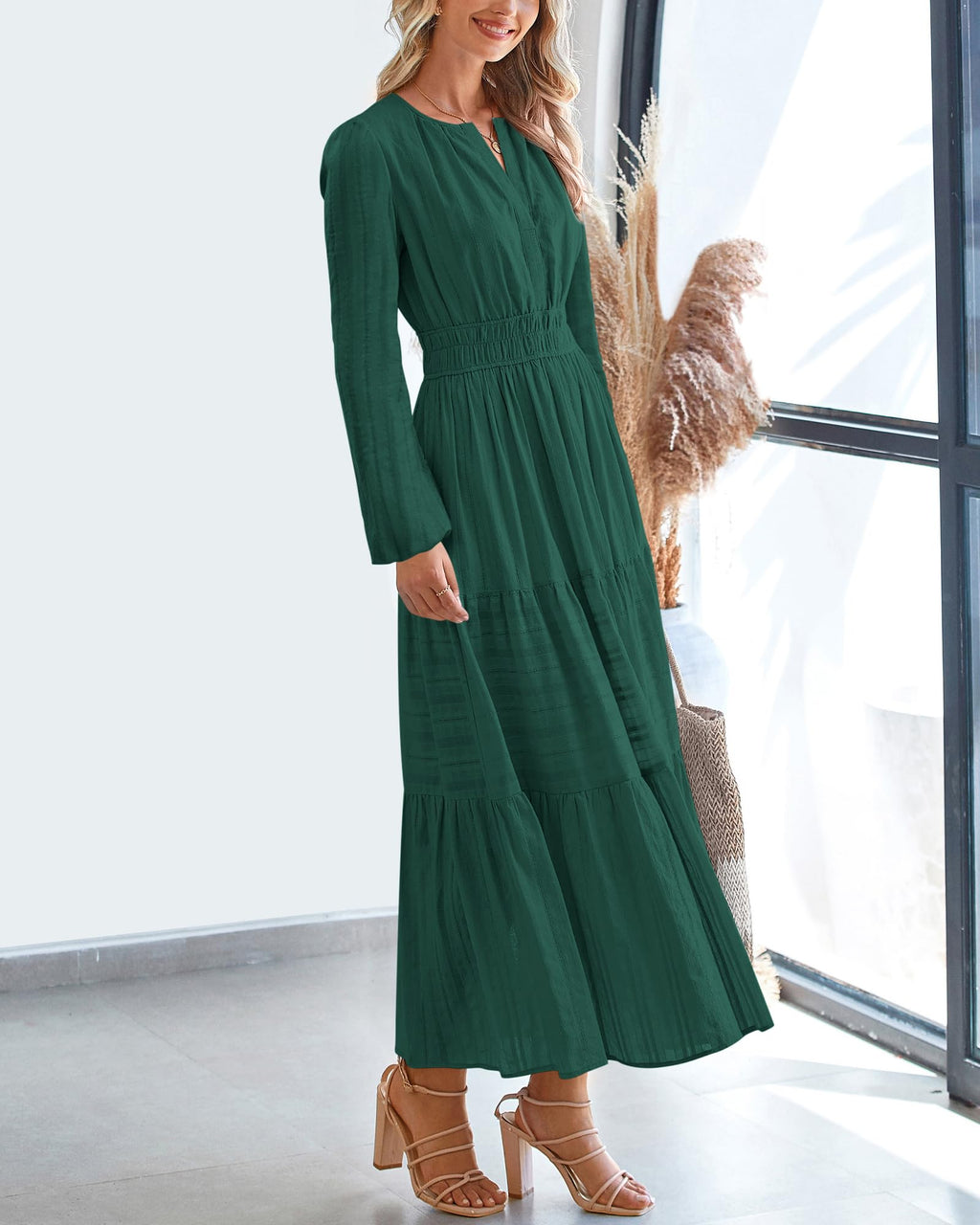 BTFBM Spring Dresses for Women 2026 Casual Long Sleeve V Neck Elastic Waist Lightweight Maxi Wedding Guest Dress Pockets