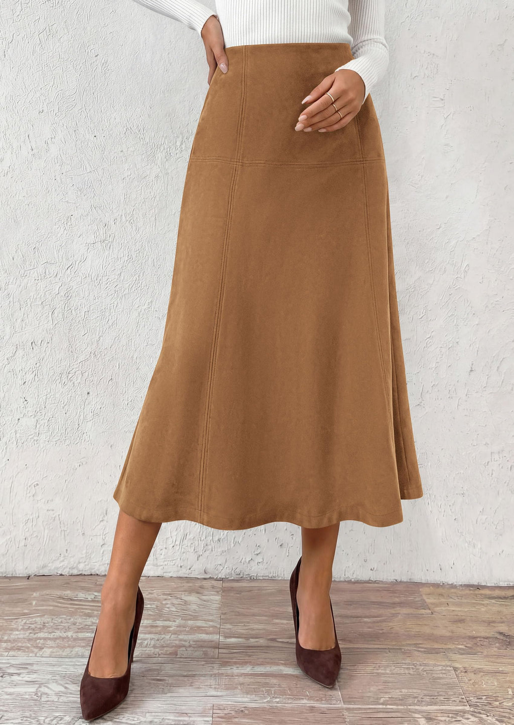 PRETTYGARDEN Womens High Waist Faux Suede A Line Midi Skirt | Hidden Stretch Elastic Waist, Front Back Panel Stitching, Vintage Elegant Mid-Calf Long Skirts for Fall Winter Office Daily