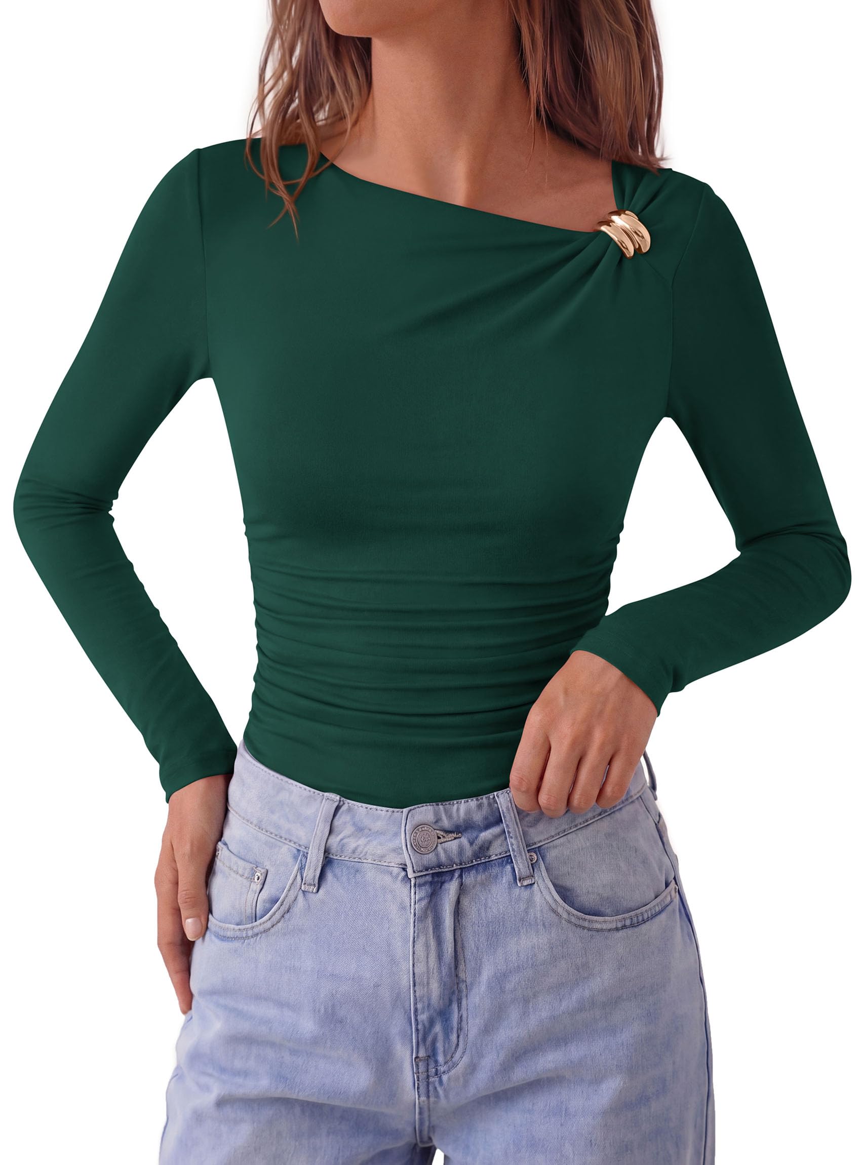 PRETTYGARDEN Long Sleeve Tops for Women Fitted Going Out Top | Comfy Stretchy Knit, Fashion Slim Fit Shirt, Ruched Asymmetrical Side Buckle, Party Date Night Outfits, Y2k Fall Clothes