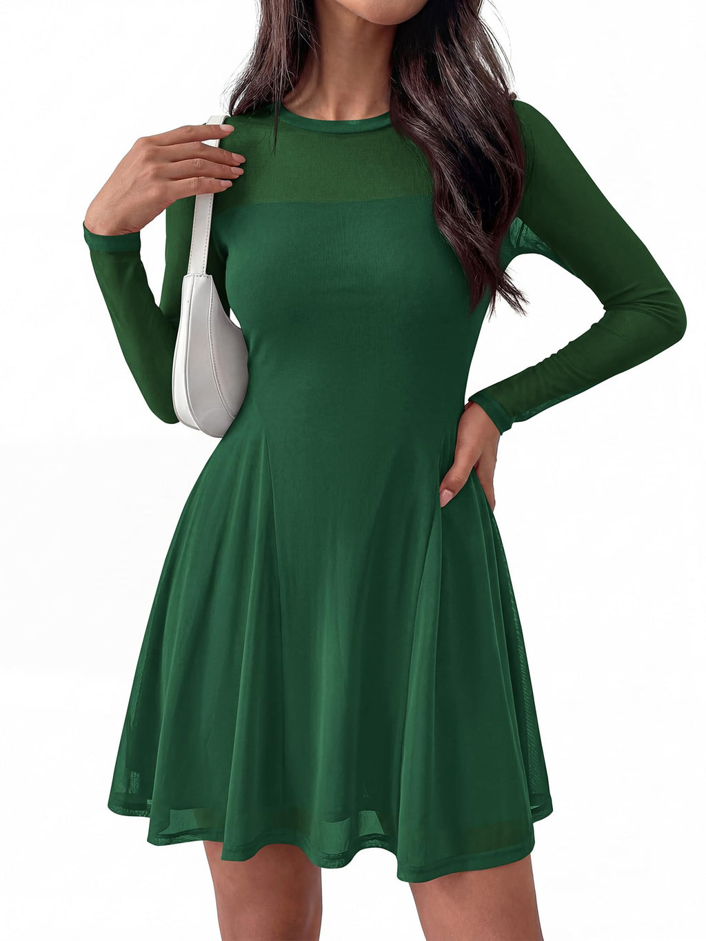 BTFBM Women’s Mini Dress Sheer Mesh Long Sleeve Crew Neck Flowy A Line Casual Cocktail Party Going Out Dresses Fall