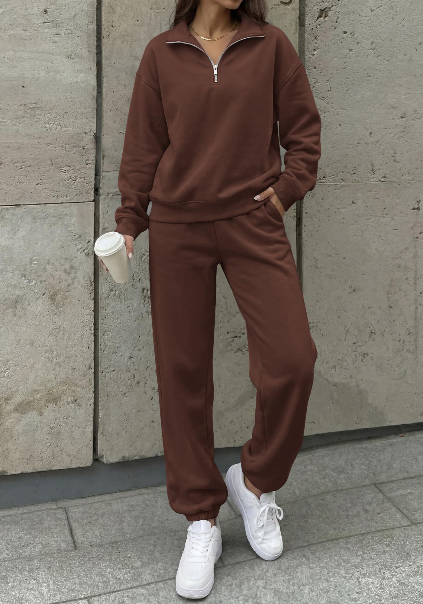 BTFBM Womens 2 Piece Outfits Sweatsuit Fleece Lounge Sets Quarter Zip Pullover Sweatshirt,Baggy Jogger Sweatpants,Fall Fashion Clothing,Airport Travel Matching Sweat Set