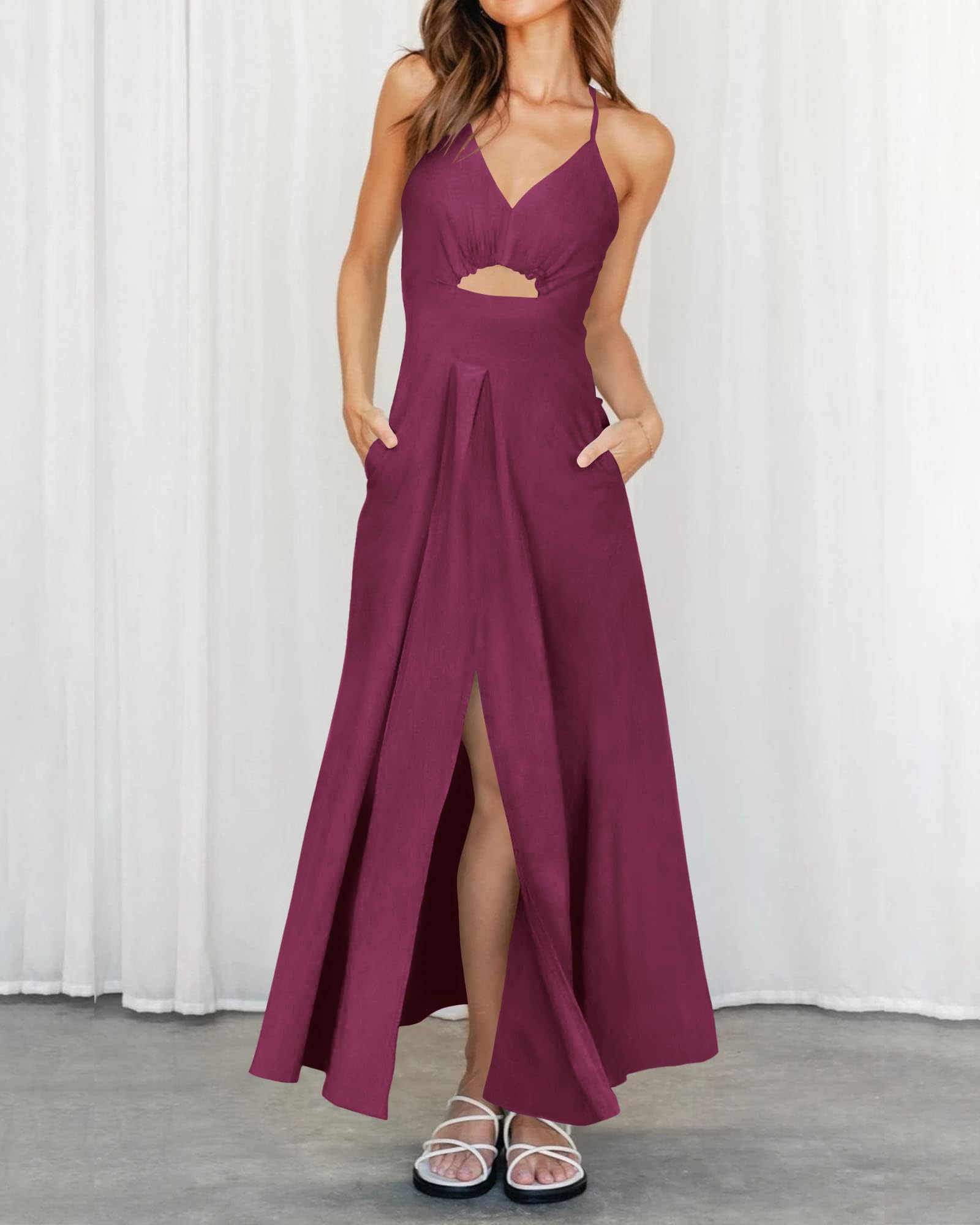 BTFBM Women Spaghetti Strap Midi Summer Dresses Sleeveless V Neck Cutout Slit Casual Beach Party Maxi Dress Pockets