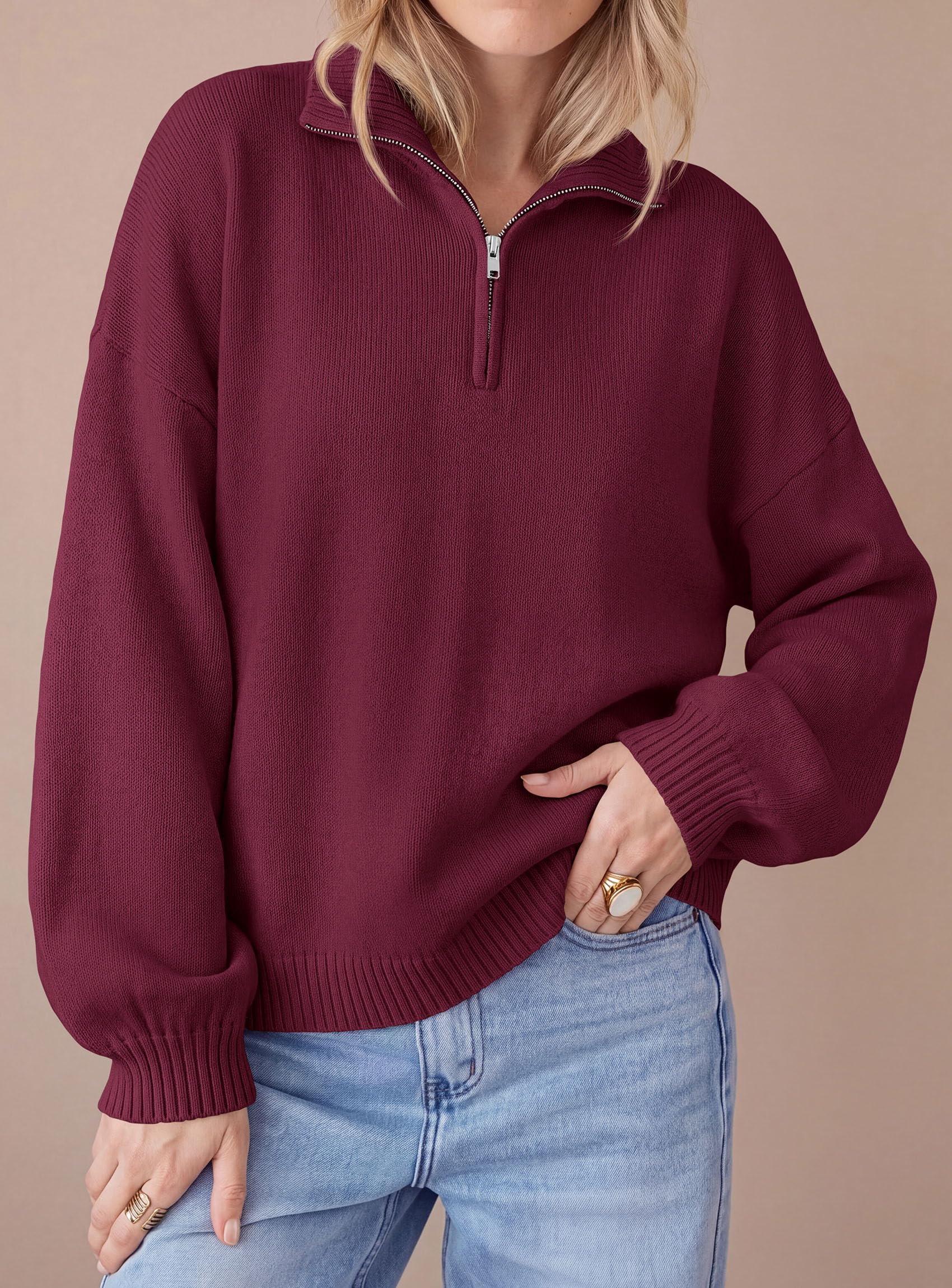 PRETTYGARDEN Women's Quarter Zip Pullover Oversized Sweaters Collared Neck, Long Balloon Sleeve, Jumper Tops, Soft Cozy Knit, Ribbed Hem, Loose Fit, Fall Outfits, Winter Fashion Clothing