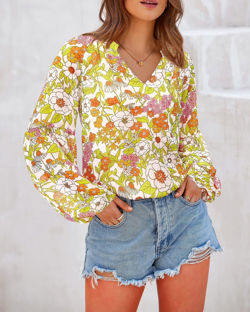 FreshPretty Blouses for Women Floral Boho Tops V Neck Lightweight Long Sleeve Shirts Fall Dressy Casual Vacation Outfits