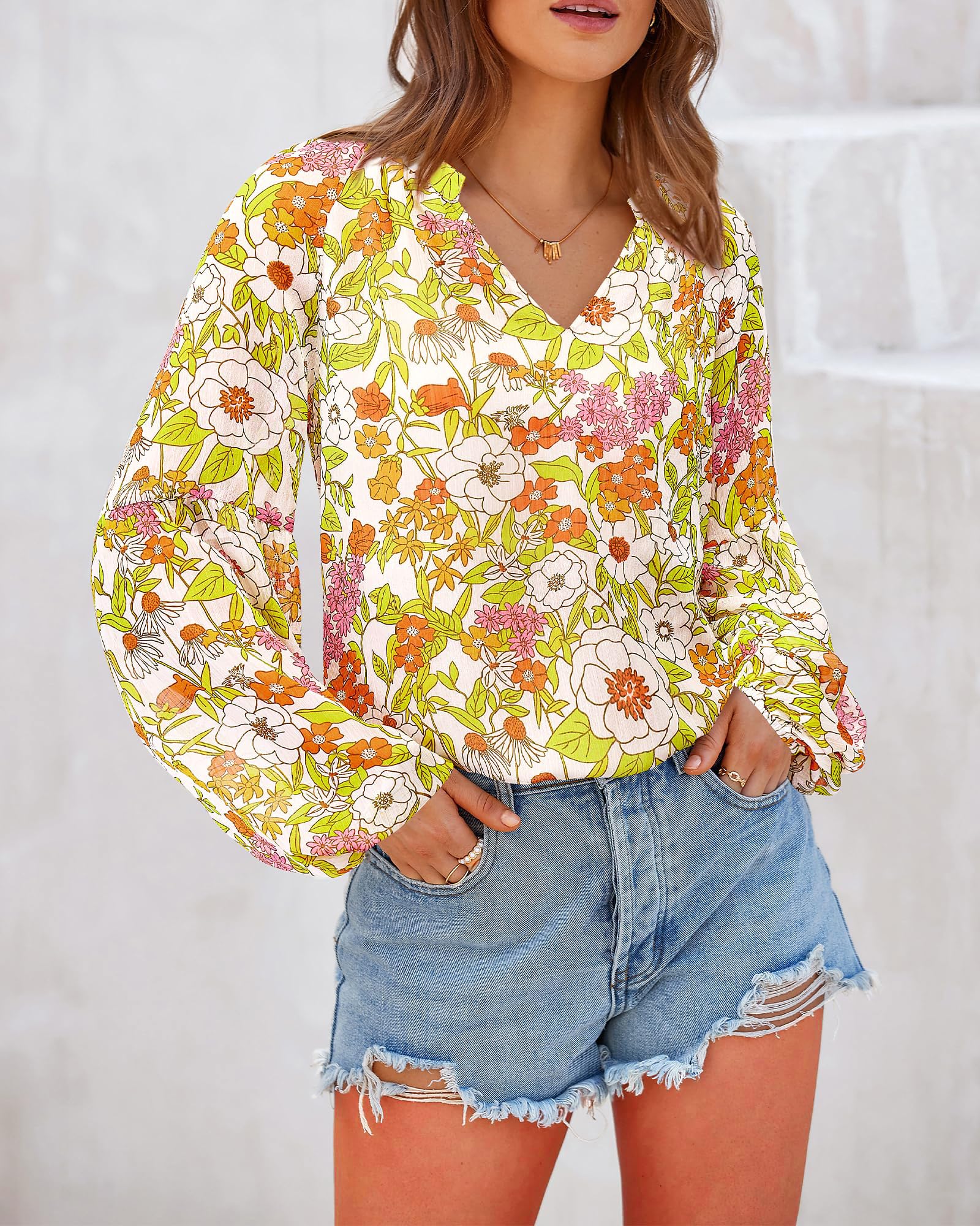 FreshPretty Blouses for Women Floral Boho Tops V Neck Lightweight Long Sleeve Shirts Fall Dressy Casual Vacation Outfits