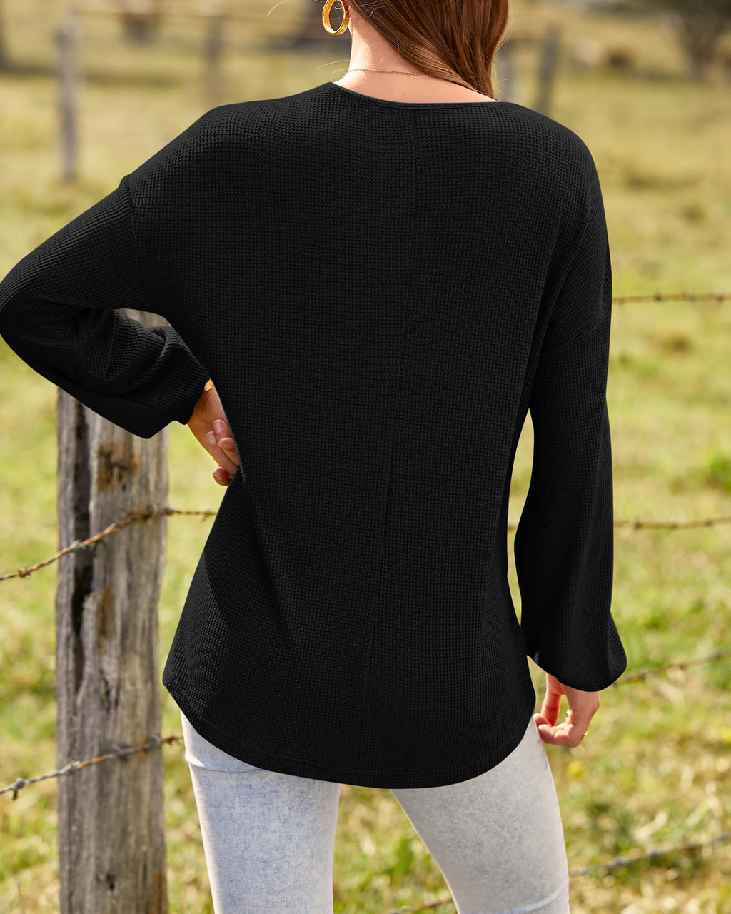 FreshPretty Womens Fall Fashion Long Sleeve Shirts Spring V Neck Loose Casual Deco Button Lightweight Waffle Knit Tops