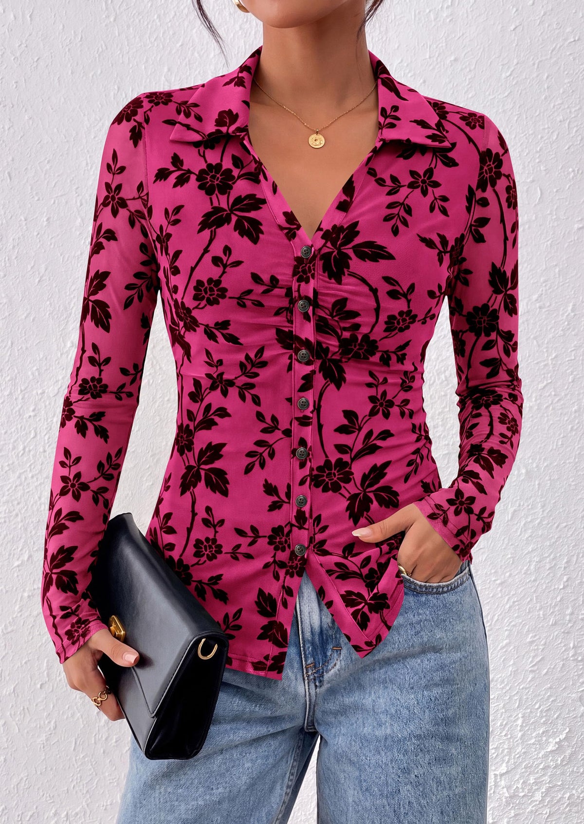 PRETTYGARDEN Women's Long Sleeve Floral Mesh Boho Tops Button Down Shirts Fall Blouses Dressy, Ruched Slim Fit, Collared V Neck, Trendy Going Out Date Night Outfit, Elegant Casual Work Office Clothes