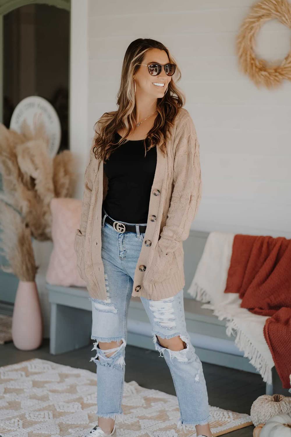 PRETTYGARDEN Women's Open Front Cardigan Sweaters Fall Fashion Button Down Cable Knit Chunky Winter Clothing Outerwear Coats