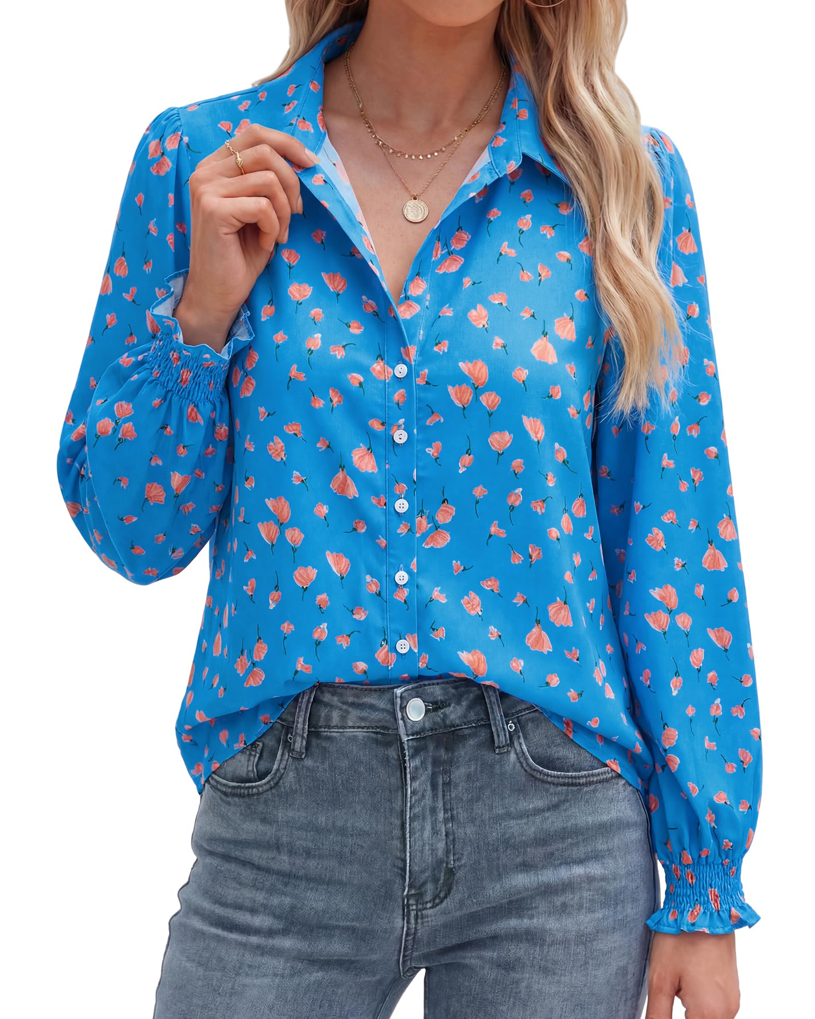 BTFBM Long Sleeve Blouses for Women, Floral V Neck Button Down Shirts, Smocked Cuffs, Business Casual Summer Outfits
