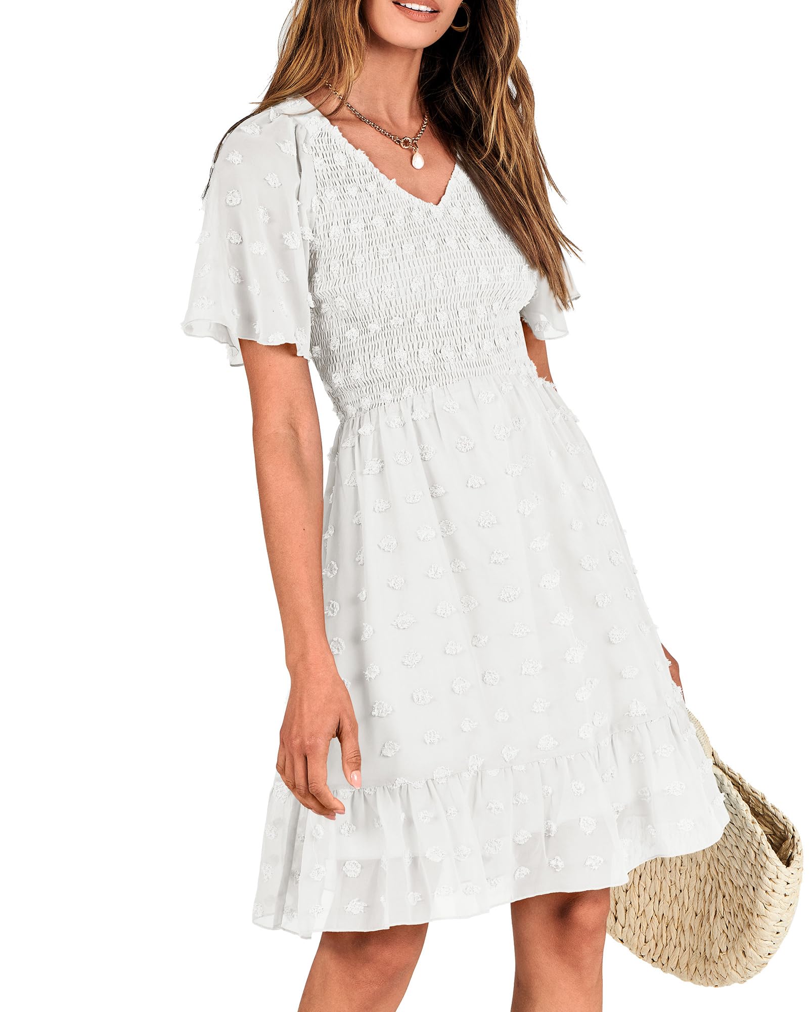 FreshPretty Womens Beach Vacation Dress Summer V Neck Short Sleeve Smocked Swiss Dot Cute Ruffle Casual Fall Mini Dresses