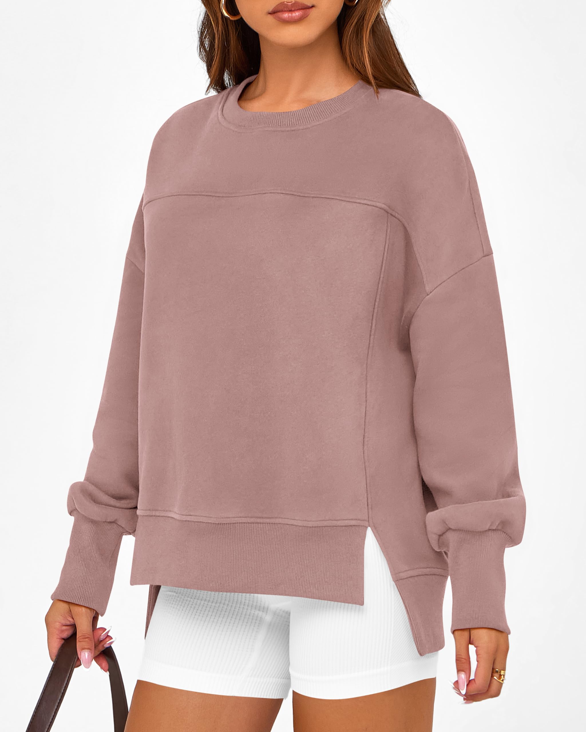 BTFBM Women's Casual Crewneck Sweatshirts Spring Long Sleeve Side Slit Workout Fleece Pullover Top Fashion Clothing