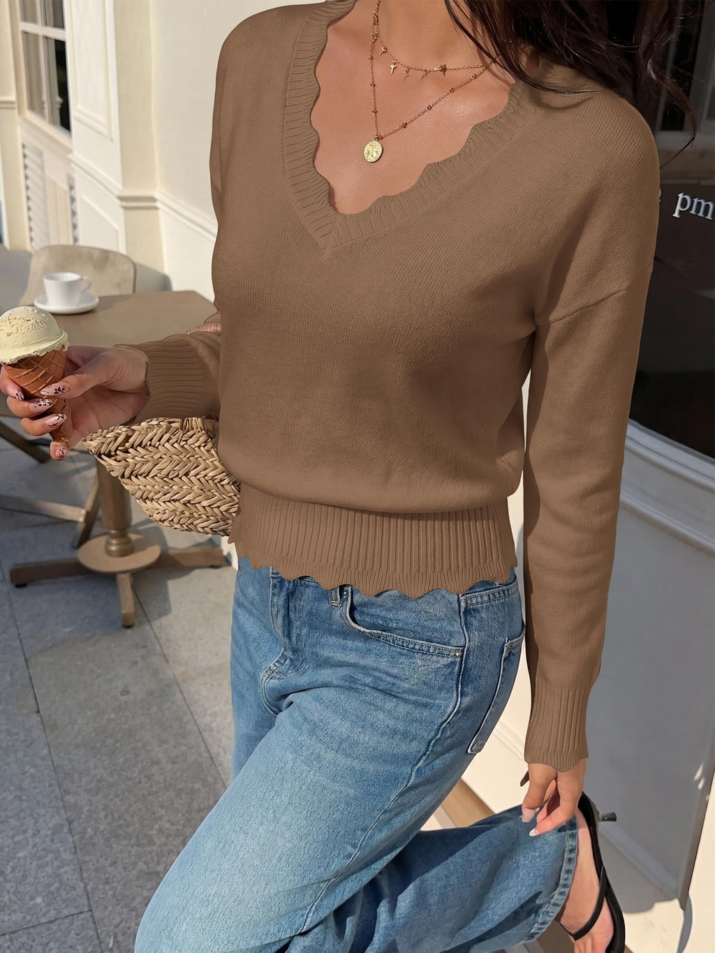 BTFBM Fall Long Sleeve Sweaters for Women | V Neck,Drop Shoulders,Scallop Edges,Lightweight Knit Sweaters Top,Daily Wear,Holiday,Christmas,Winter Clothing