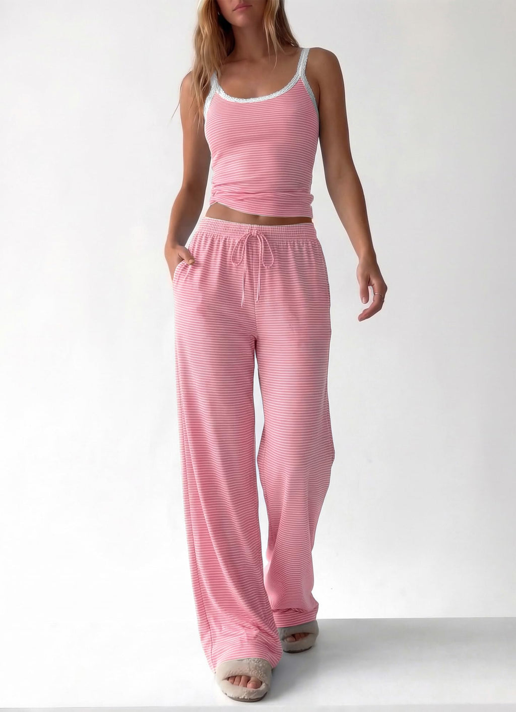 BTFBM Lounge Sets For Women Striped 2 Piece Pajama Sets Spaghetti Strap Tops Wide Leg Pants Beach Vacation Outfits