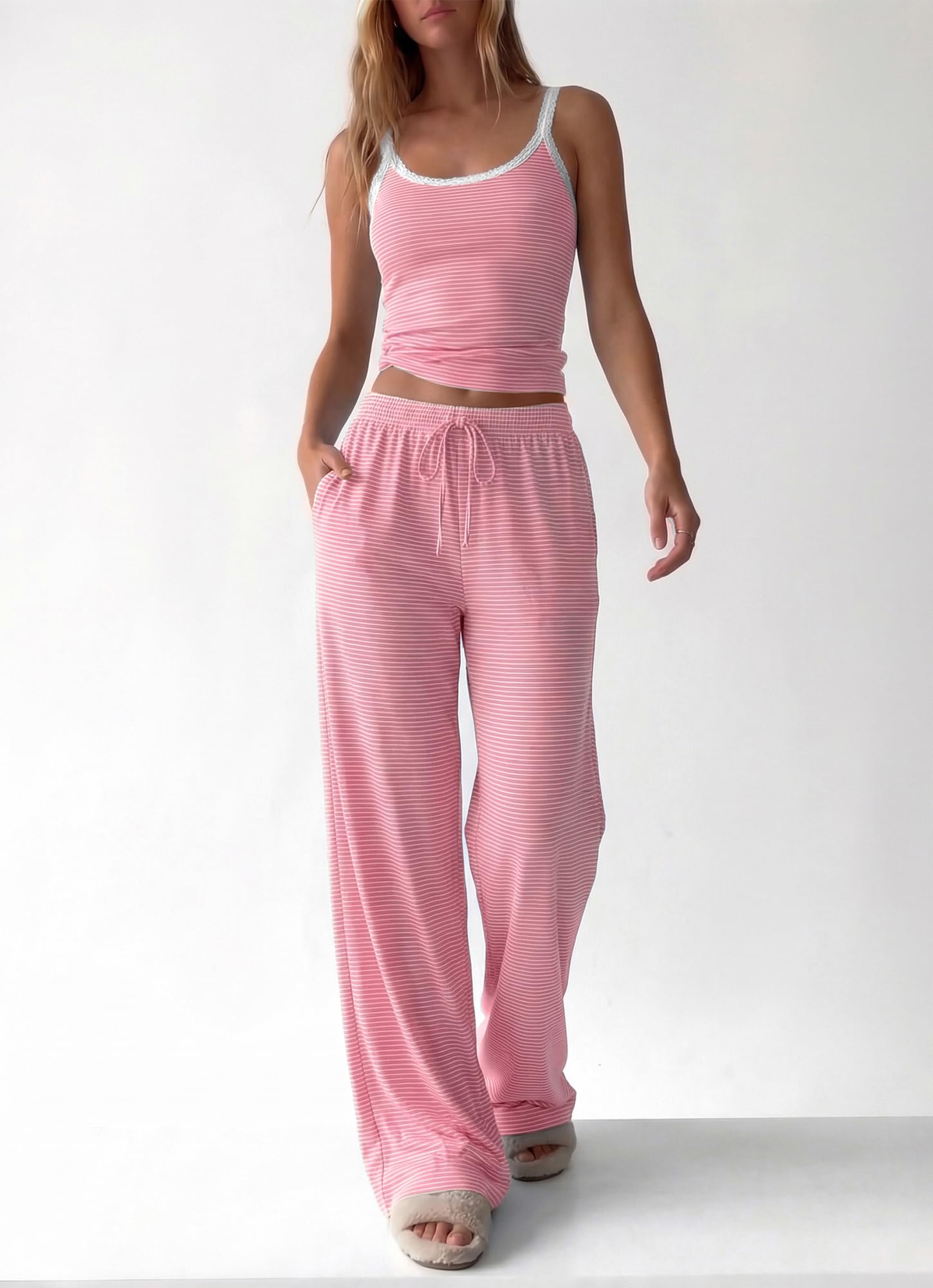 BTFBM Lounge Sets For Women Striped 2 Piece Pajama Sets Spaghetti Strap Tops Wide Leg Pants Beach Vacation Outfits