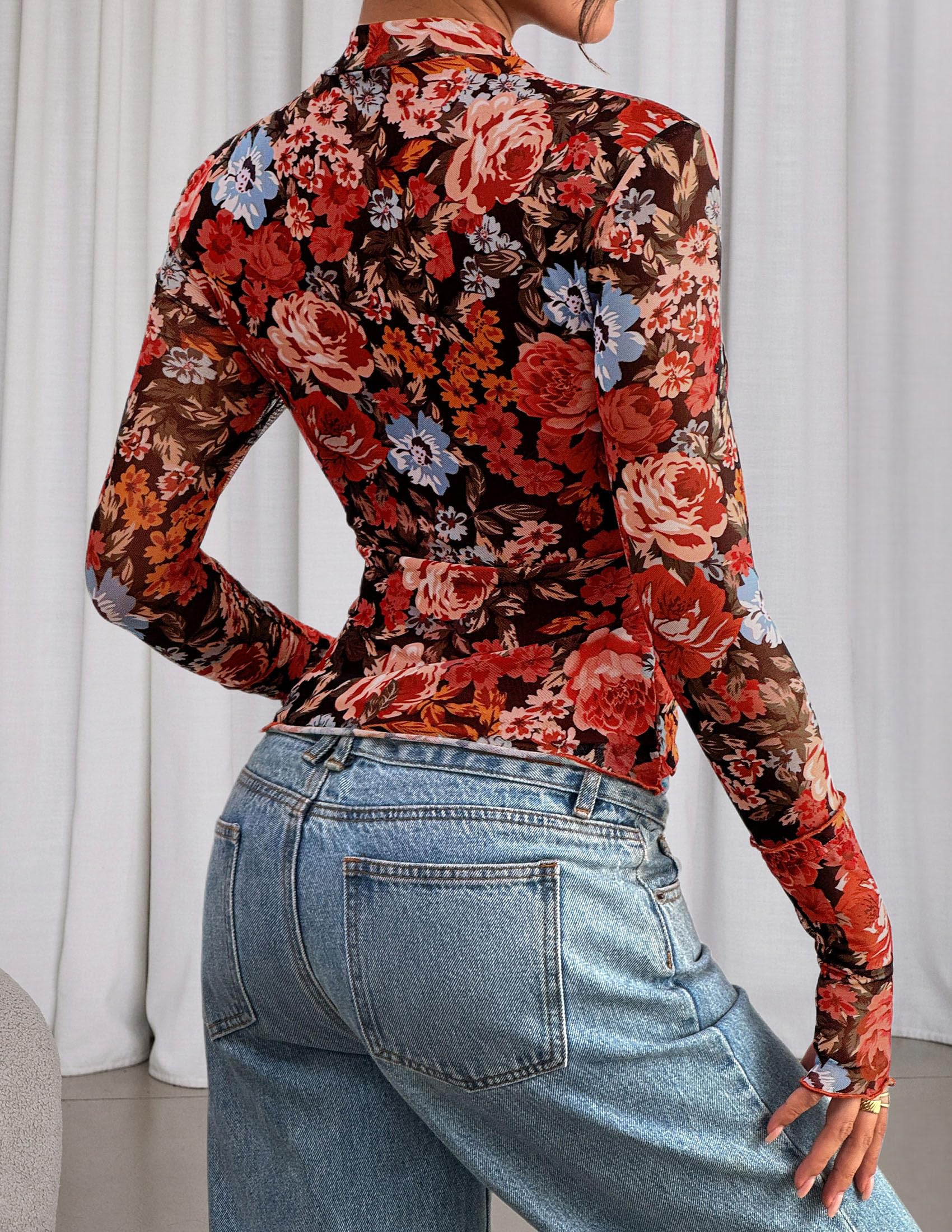 PRETTYGARDEN Womens Fall Mesh Floral Blouses Long Sleeve Going Out Tops Slim Fitted Shirts Date Night Outfits