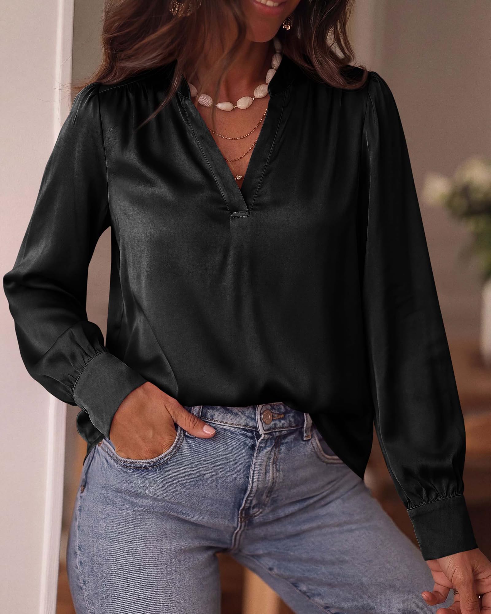 BTFBM Satin Blouses for Women Dressy Casual | Lightweight,V Neck,Long Sleeve Tops,Going Out Outfits,Fall Fashion Clothing