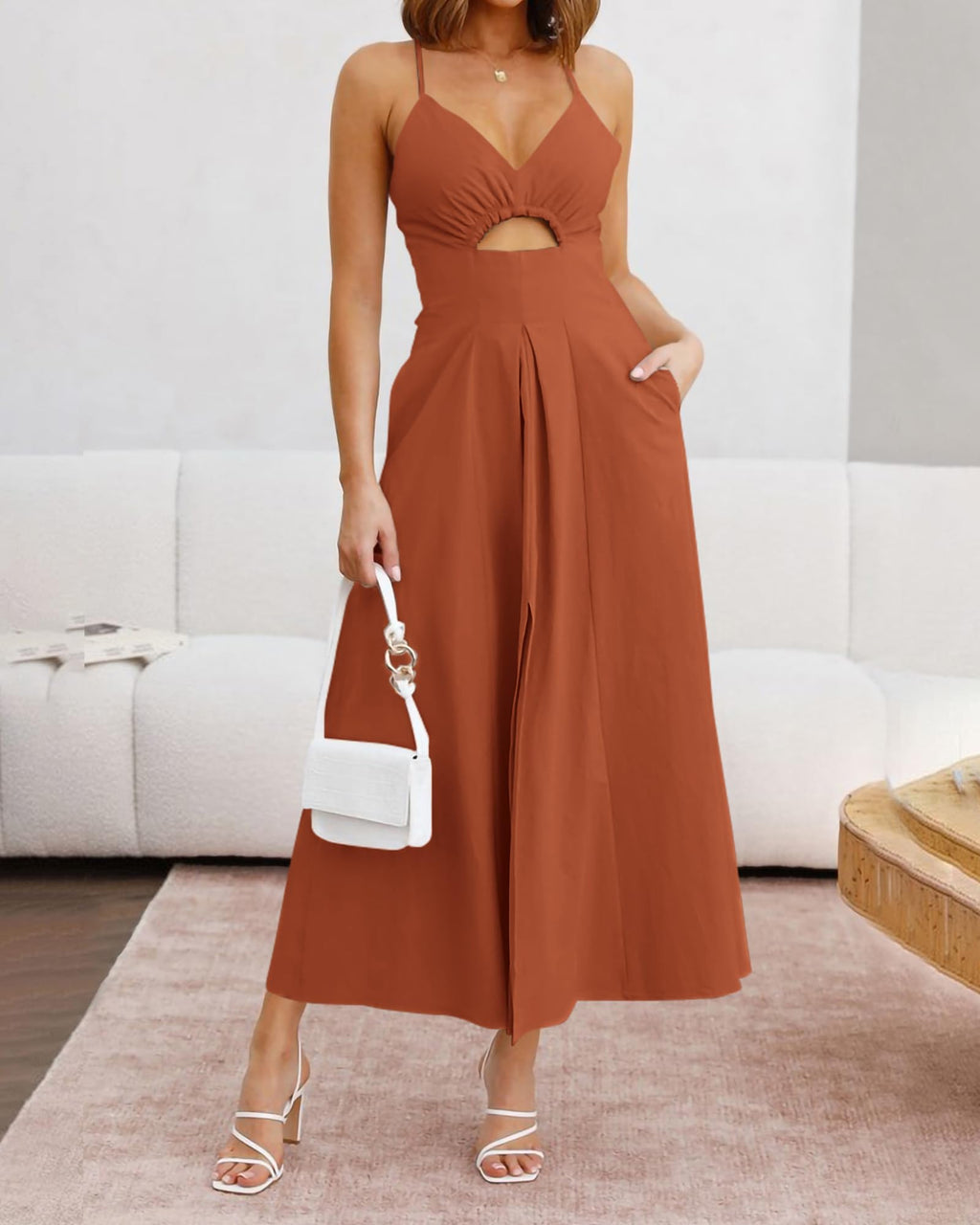 BTFBM Women Spaghetti Strap Midi Summer Dresses Sleeveless V Neck Cutout Slit Casual Beach Party Maxi Dress Pockets