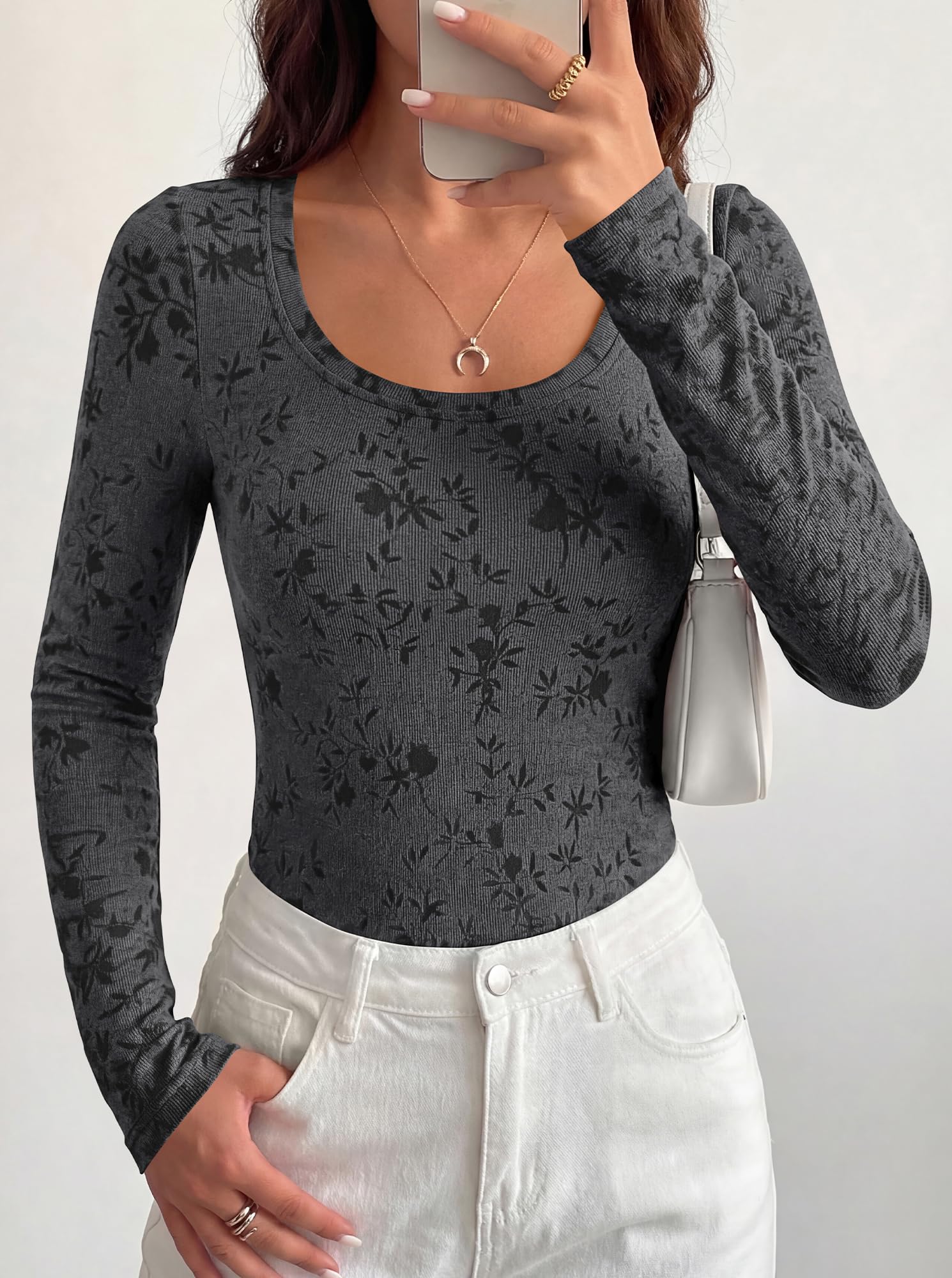 BTFBM Women's Long Sleeve Scoop Neck Shirts Floral Tops | Casual Women Fall Clothes, Ribbed Slim Fitted T-Shirts, y2k Fashion Clothing, Concert Going Out Top, Club Date Night Outfits