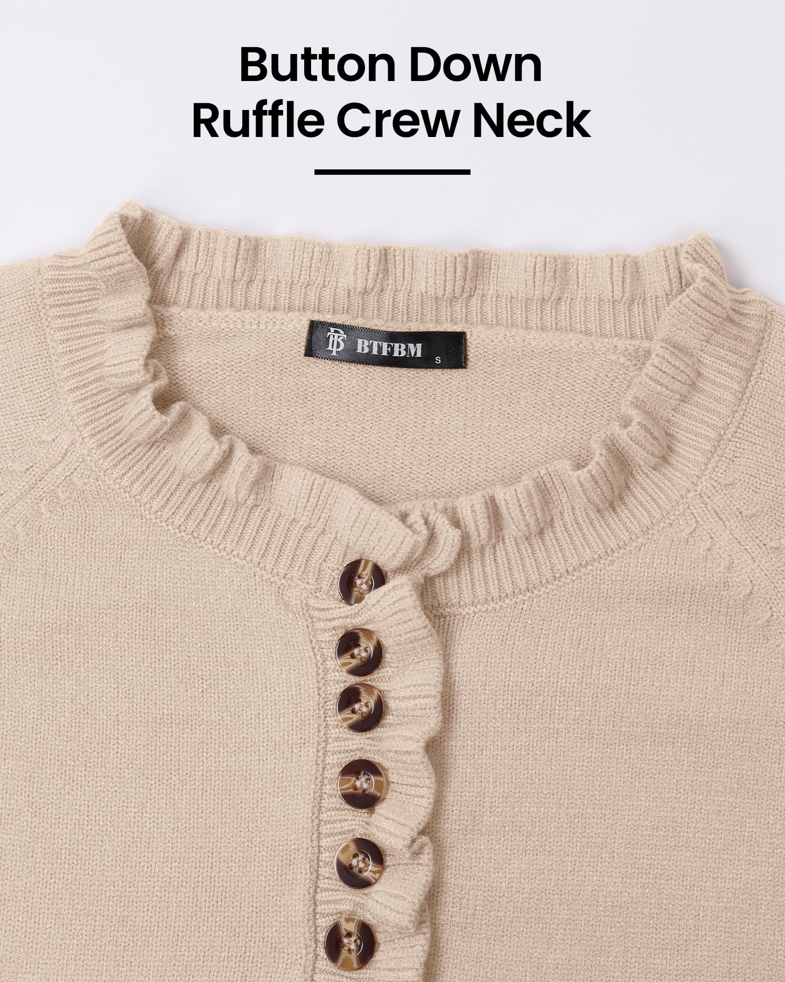 FreshPretty Womens Sweaters Fall Winter Clothes Long Sleeve Button Down Ruffle Crew Neck Casual Knitted Pullover Tops