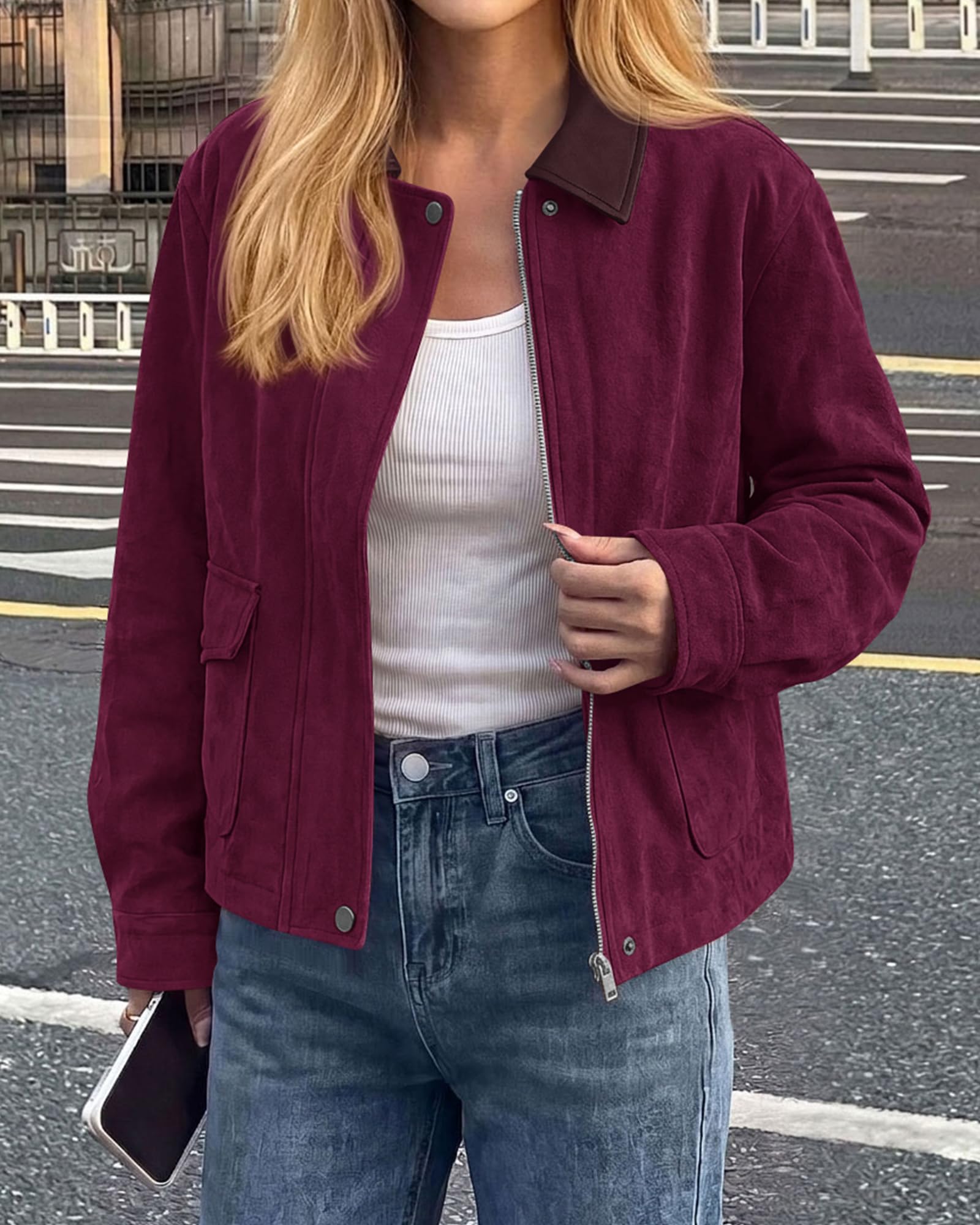 BTFBM Faux Suede Jacket Women Leather Lapel Zip Up Fall Outfits Button Down Long Sleeve Outerwear With Flap Pockets, Early Winter Coats, Motorcycle Jackets, Western Country Concert Outfits