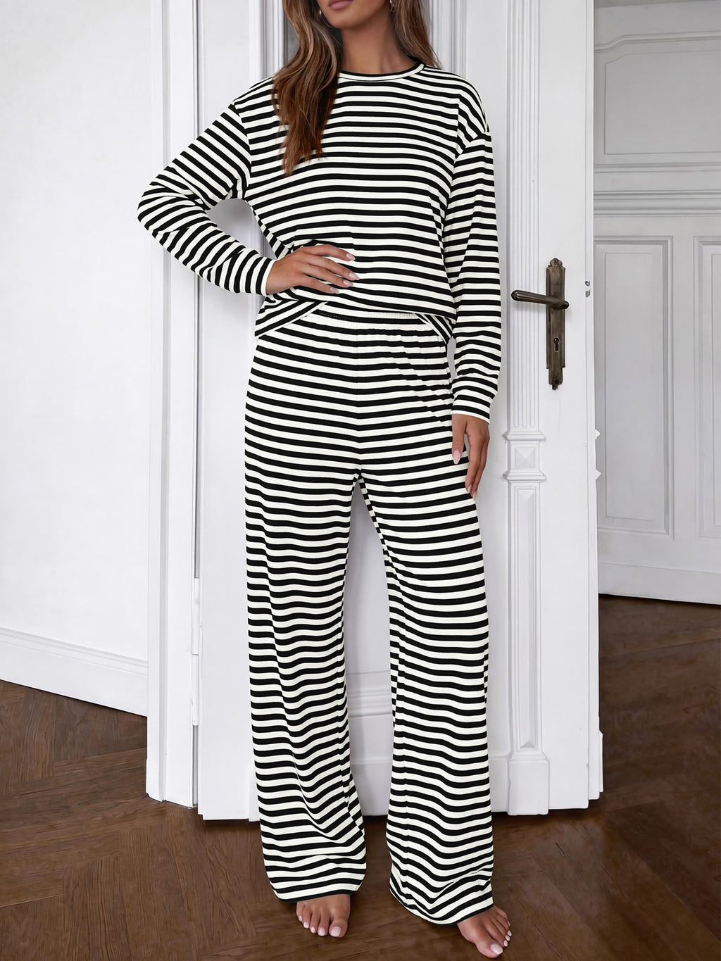 BTFBM Striped Lounge Set Sweatsuits Women 2 Piece Outfit | Womens Pajama Sets, Crew Neck Sweatshirt and Wide Leg Pants, Pockets, Airport, Travel, Vacation Outfits, Fall Winter Clothes