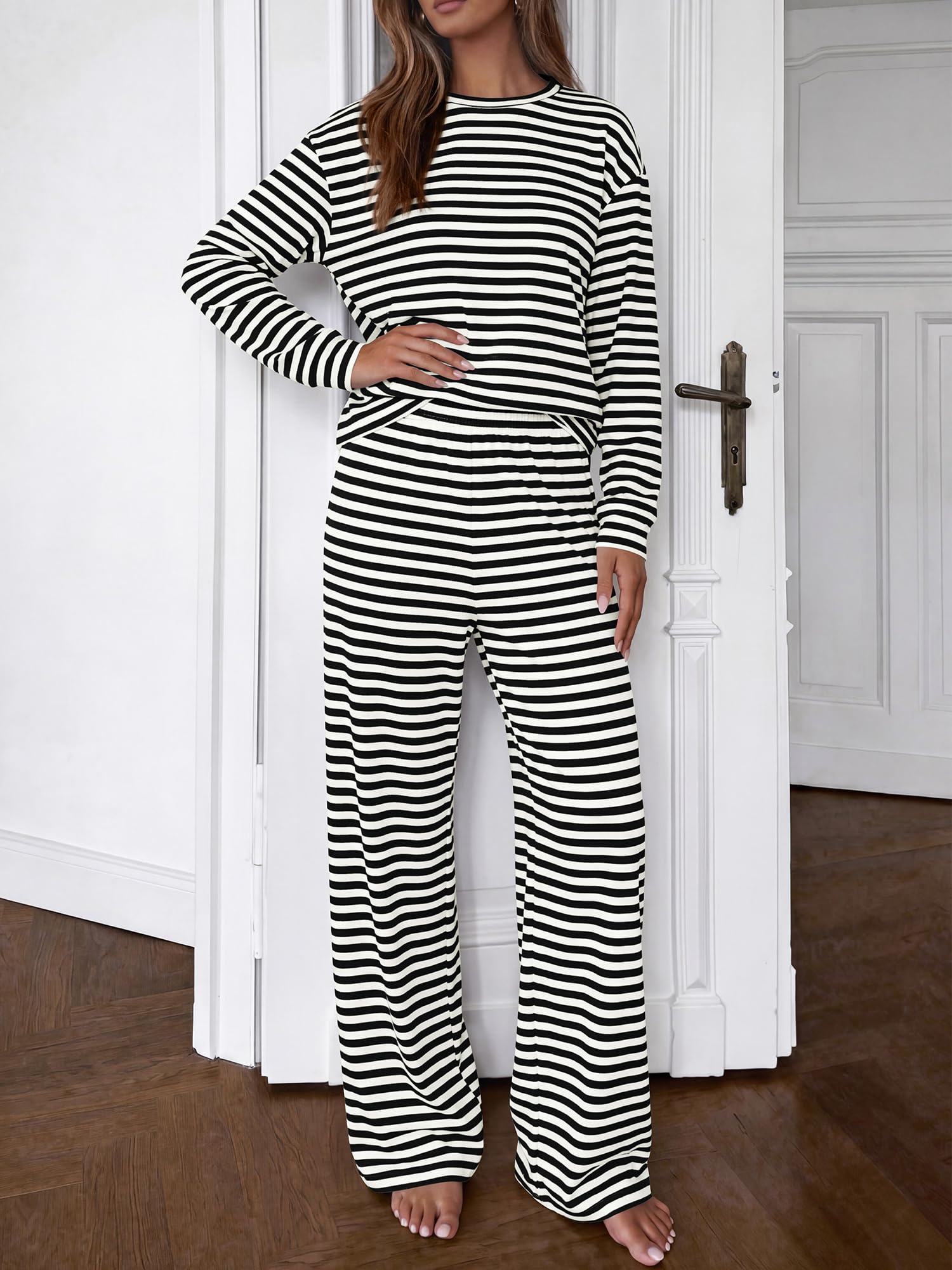 BTFBM Striped Lounge Set Sweatsuits Women 2 Piece Outfit | Womens Pajama Sets, Crew Neck Sweatshirt and Wide Leg Pants, Pockets, Airport, Travel, Vacation Outfits, Fall Winter Clothes