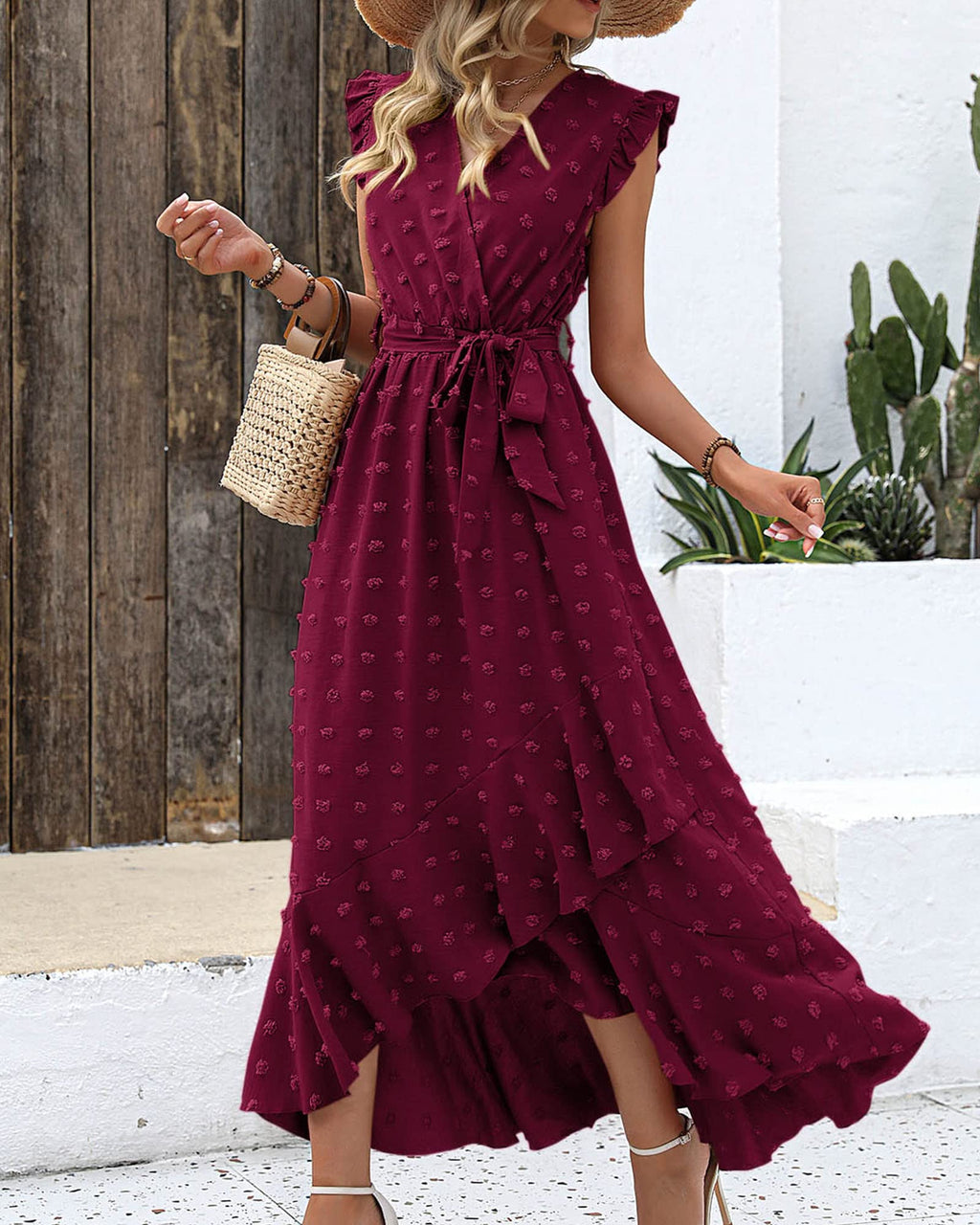 FreshPretty Women V Neck Summer Dress Cap Sleeve Swiss Dot Boho Flowy Ruffle Slit Beach Party Long Maxi Cocktail Dresses