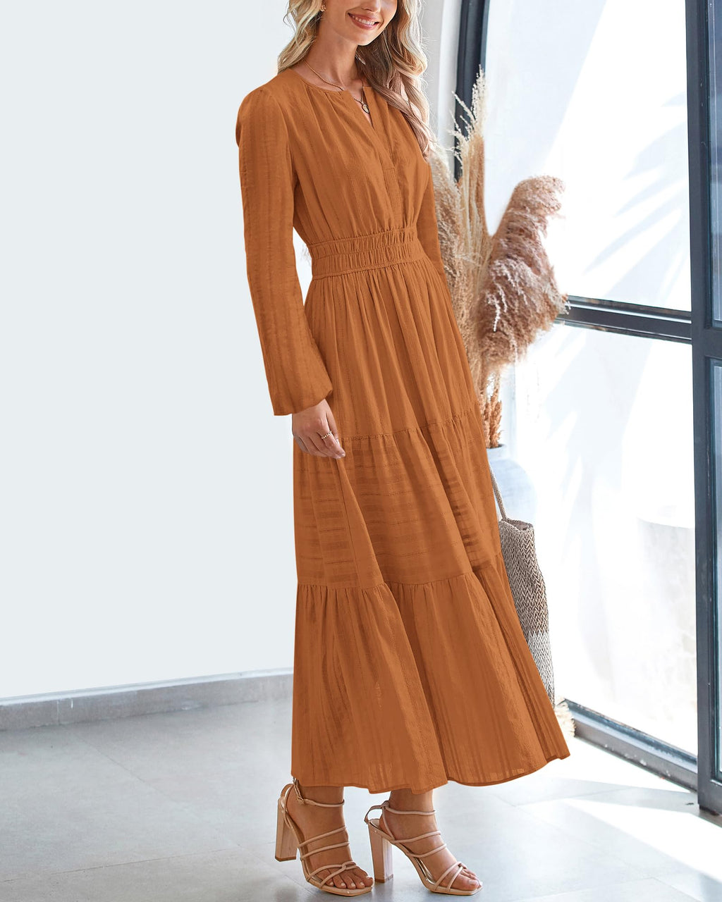 BTFBM Spring Dresses for Women 2026 Casual Long Sleeve V Neck Elastic Waist Lightweight Maxi Wedding Guest Dress Pockets