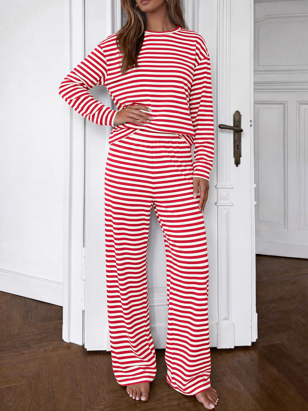 BTFBM Striped Lounge Set Sweatsuits Women 2 Piece Outfit | Womens Pajama Sets, Crew Neck Sweatshirt and Wide Leg Pants, Pockets, Airport, Travel, Vacation Outfits, Fall Winter Clothes