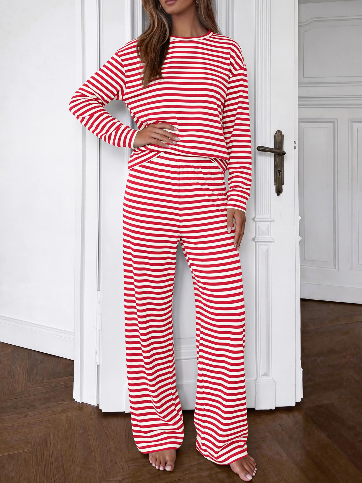 BTFBM Striped Lounge Set Sweatsuits Women 2 Piece Outfit | Womens Pajama Sets, Crew Neck Sweatshirt and Wide Leg Pants, Pockets, Airport, Travel, Vacation Outfits, Fall Winter Clothes