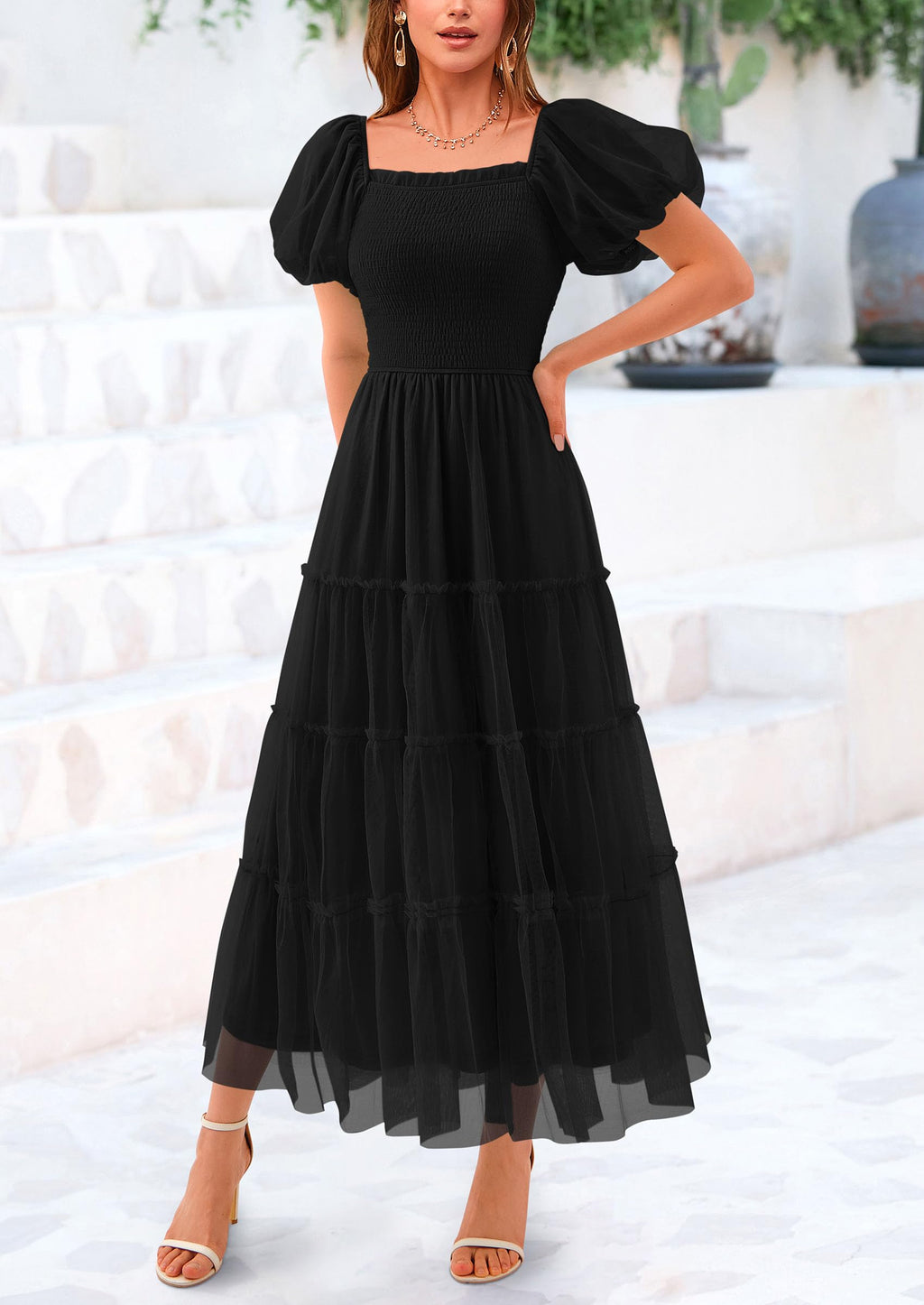 PRETTYGARDEN Women's Smocked Midi Tulle Dress  Summer Puffy Short Sleeve Square Neck Ruffle Wedding Guest Party Dresses