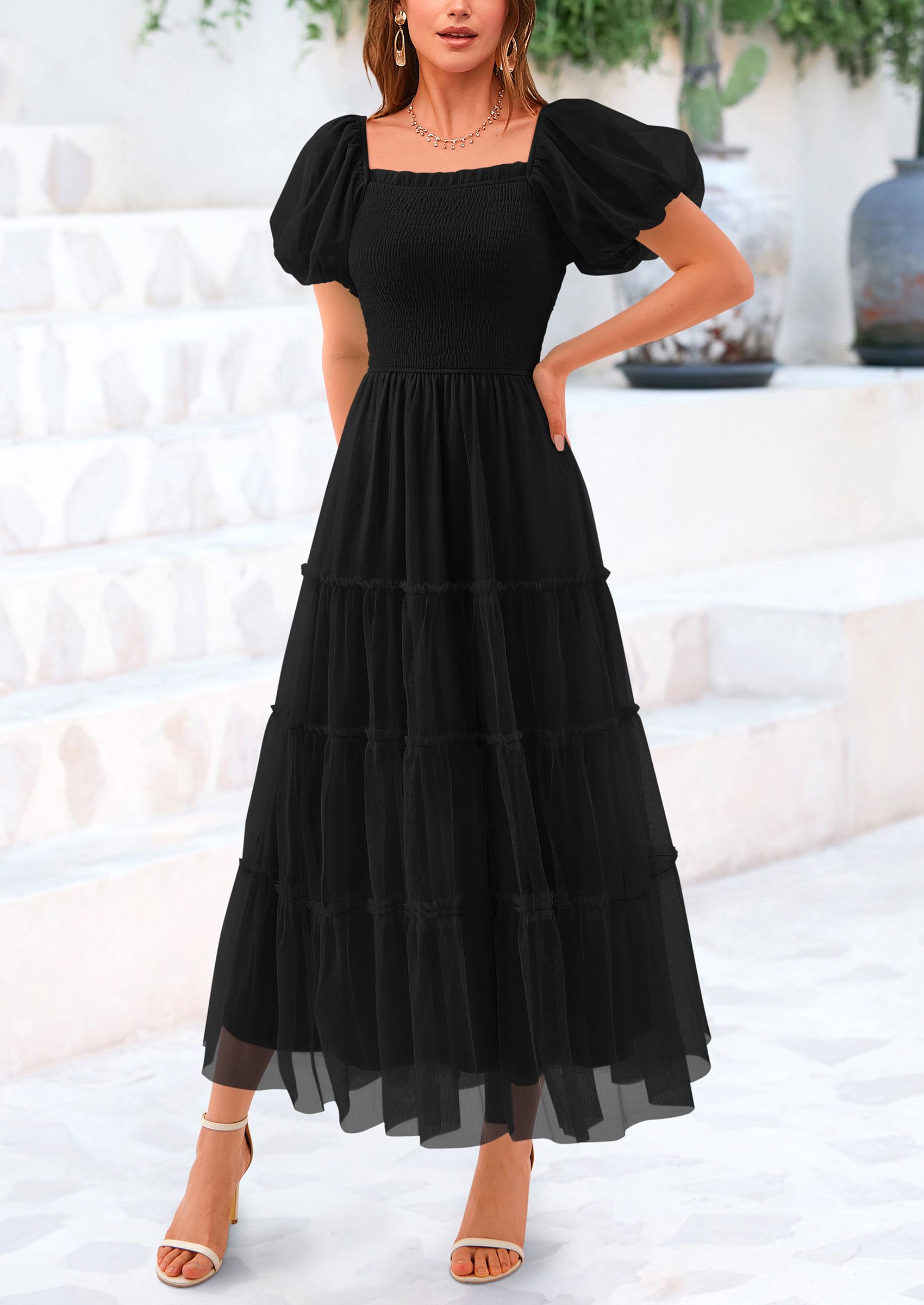 PRETTYGARDEN Women's Smocked Midi Tulle Dress  Summer Puffy Short Sleeve Square Neck Ruffle Wedding Guest Party Dresses