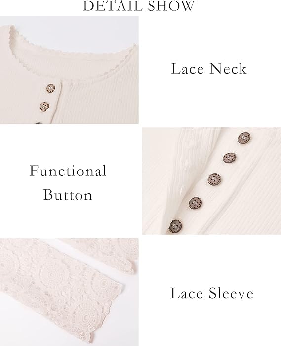 FreshPretty Women Long Sleeve Shirts Spring Solid Button Up V Neck Lace Long Sleeves Slim Fit Knit Casual Fall T-Shirts