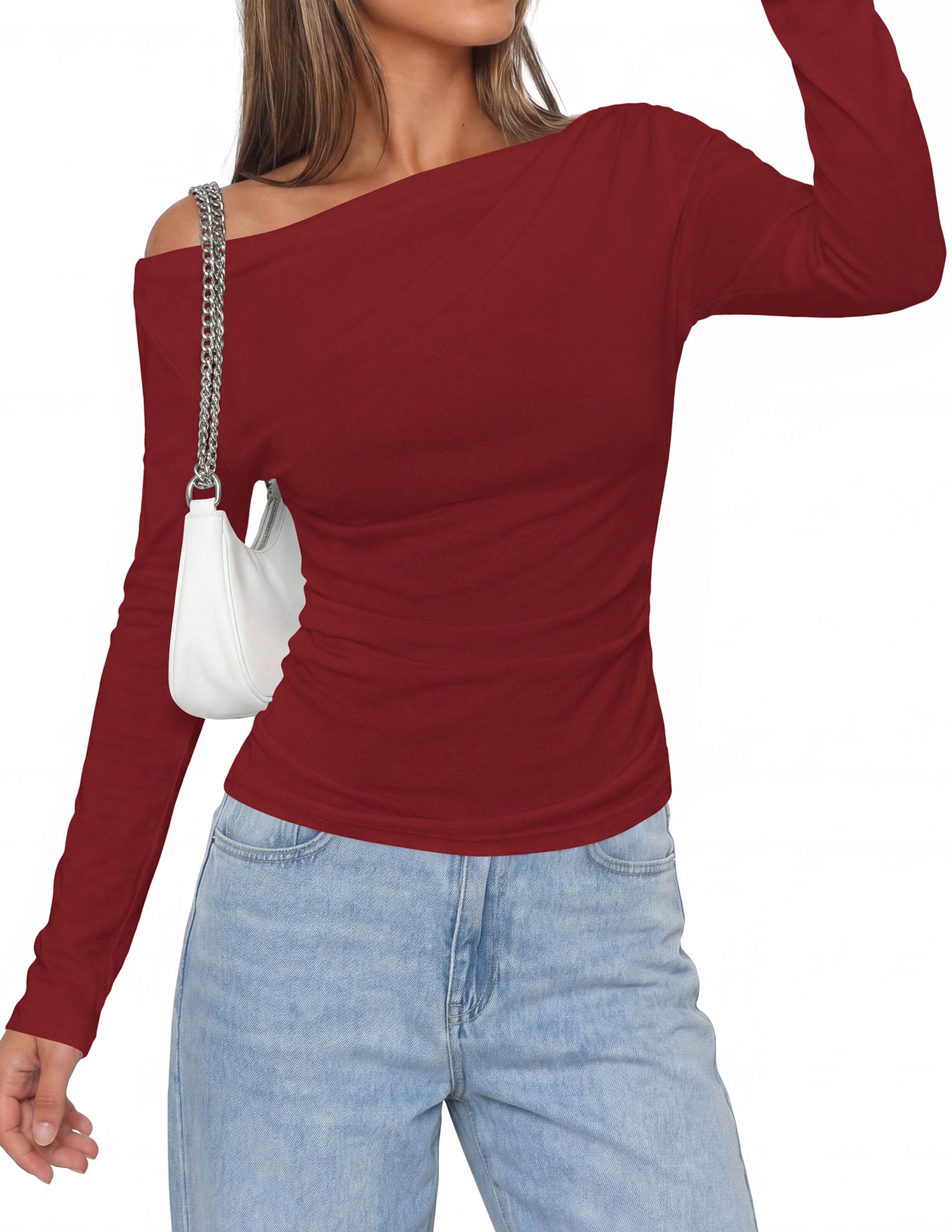 PRETTYGARDEN Womens Off The Shoulder Tops Long Sleeve Shirts | Going Out Tops, Ruched Slim Fit Asymmetrical Neck, Cute Date Night Outfits, Work Dressy Blouses, Fall Fashion Winter Clothes