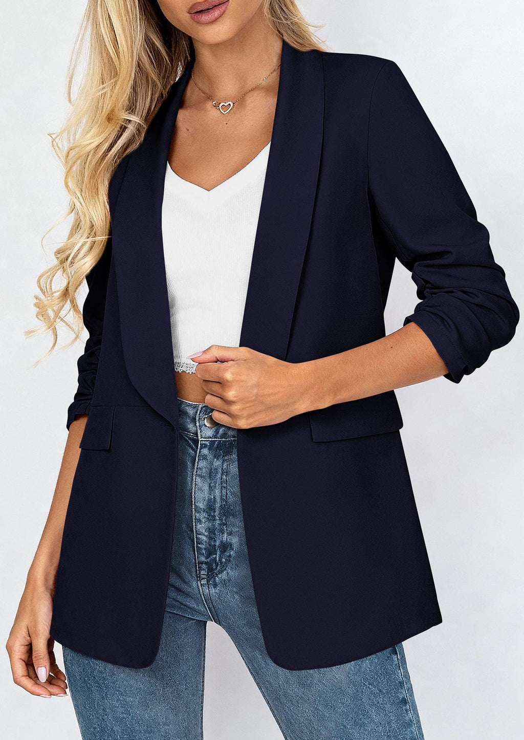 PRETTYGARDEN Women's Summer Blazers Business Casual Outfits | Ruched 3/4 Sleeve,Shawl Lapel,Collared Open Front,Padded Shoulder,Lightweight Jackets,Office Work Suits,Spring Fall Clothes