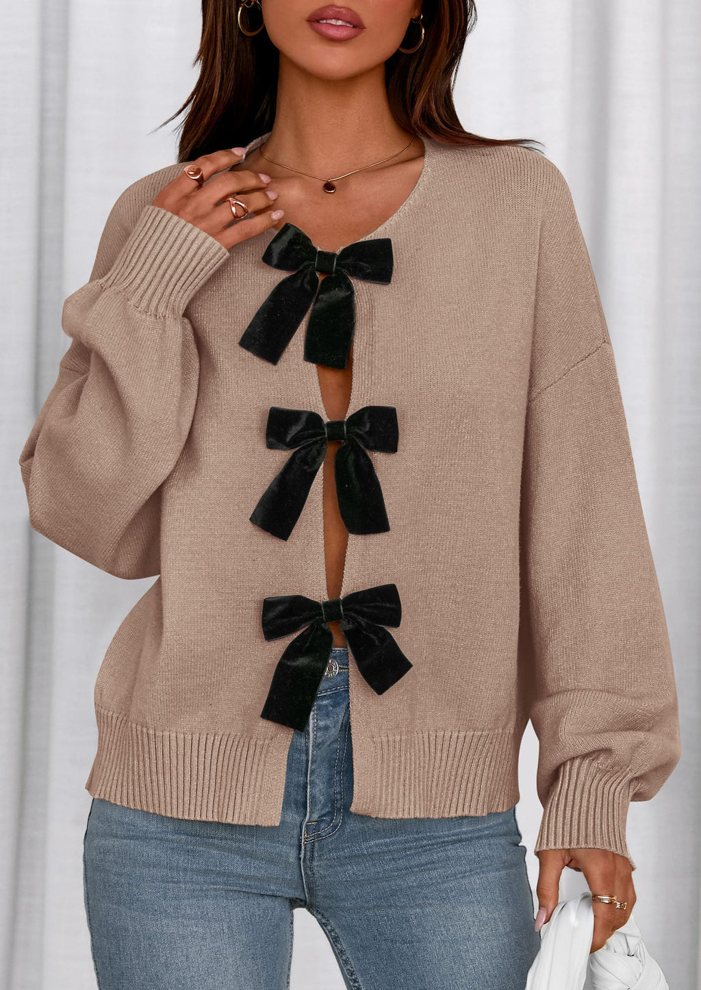 PRETTYGARDEN Cardigan Sweaters for Women Fall Fashion Bow Tie Front Long Sleeve Knit Sweater Tops Cute Winter Clothes