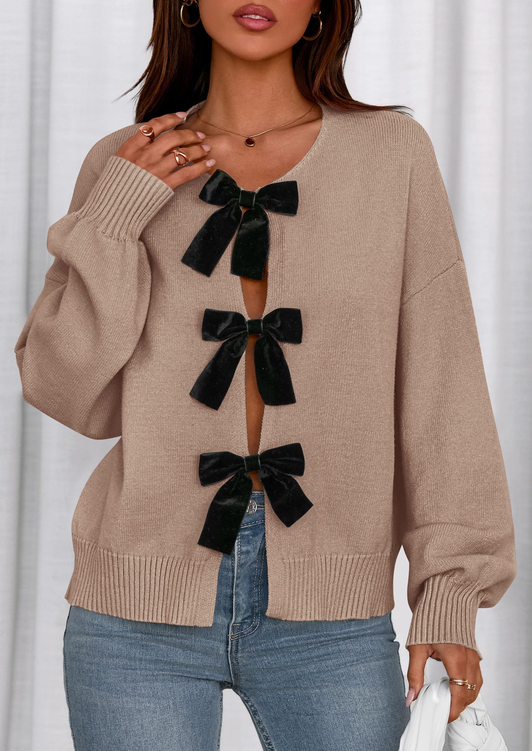 PRETTYGARDEN Cardigan Sweaters for Women Fall Fashion Bow Tie Front Long Sleeve Knit Sweater Tops Cute Winter Clothes