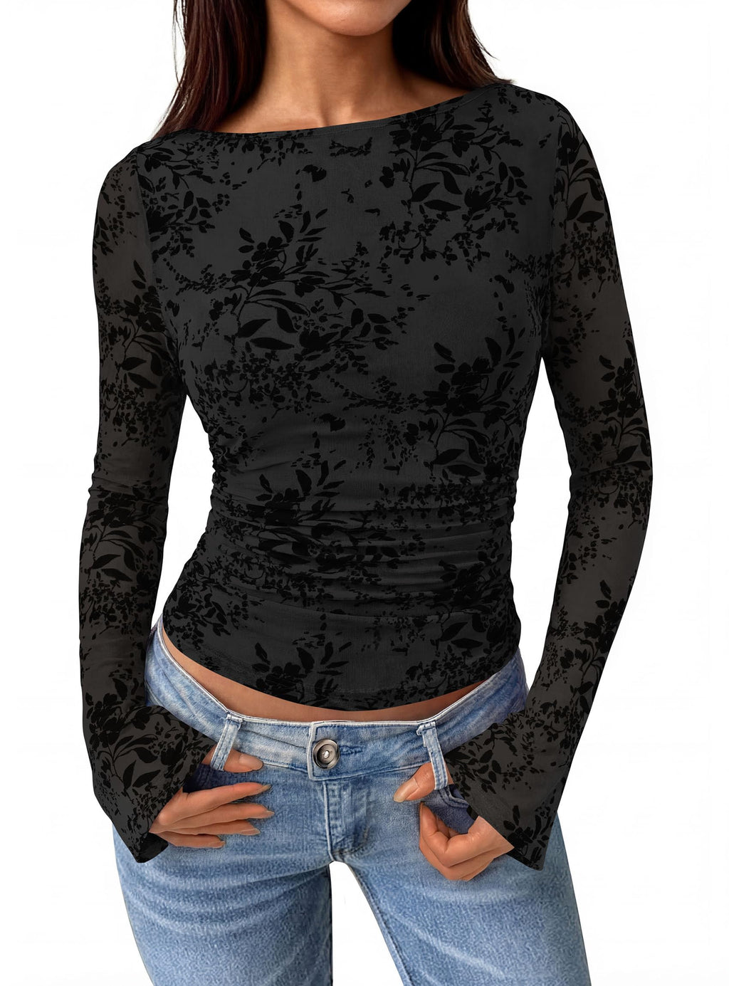 PRETTYGARDEN Women's Bell Sleeve Floral Mesh Crop Tops
