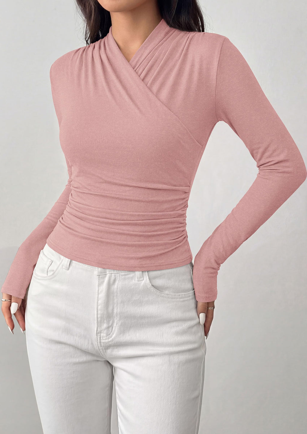 PRETTYGARDEN Womens Long Sleeve Shirts Going Out Wrap Top | Soft Heathered Stretchy Viscose Fitted Blouse, V Neck Ruched Waist Dressy Tops, Office Business Casual Fall Winter Daily Wear