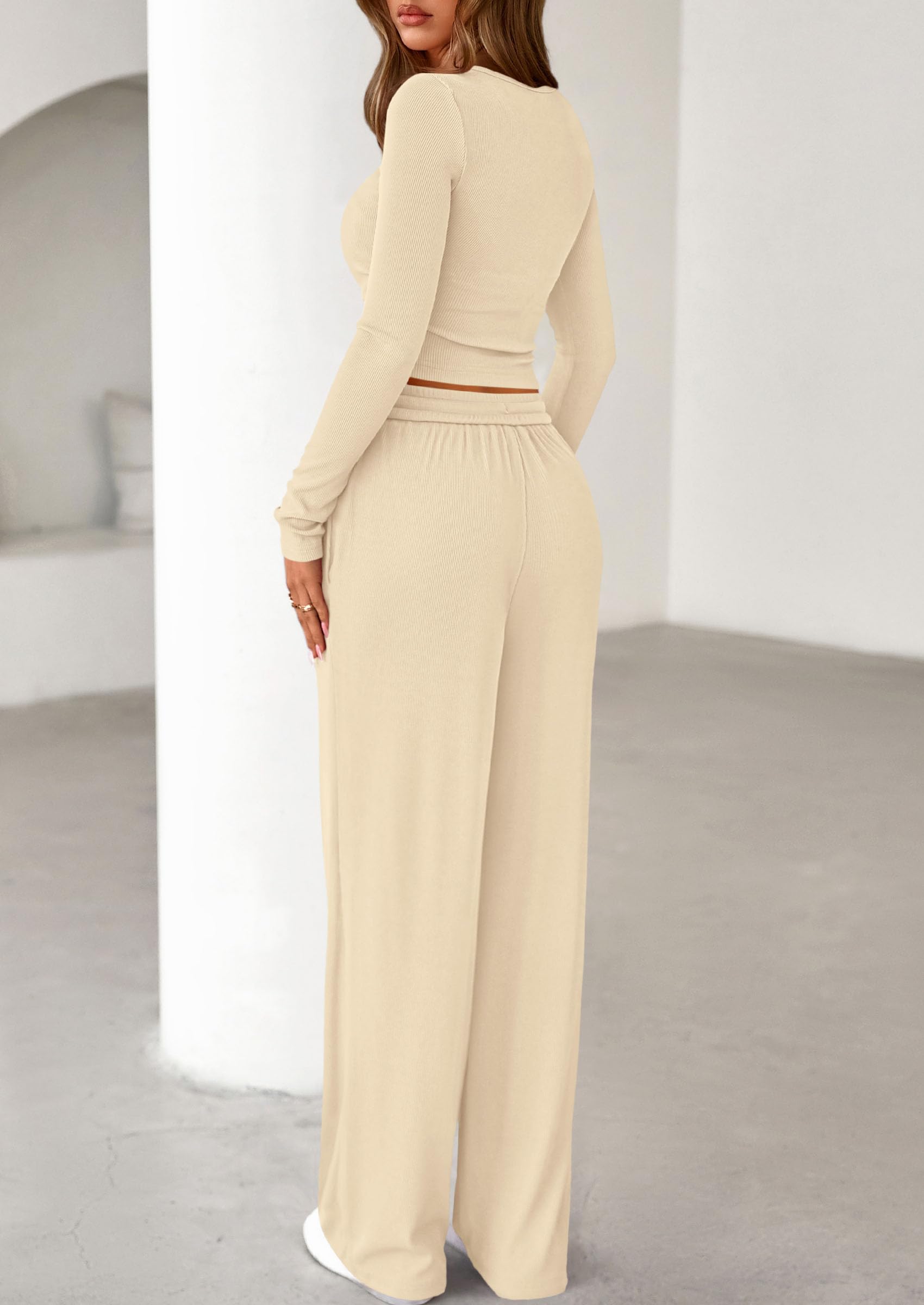 PRETTYGARDEN Women's  Fall Trendy 2 Piece Outfits Lounge Sets Long Sleeve Top Henley Shirts Wide Leg Pants Travel Clothes
